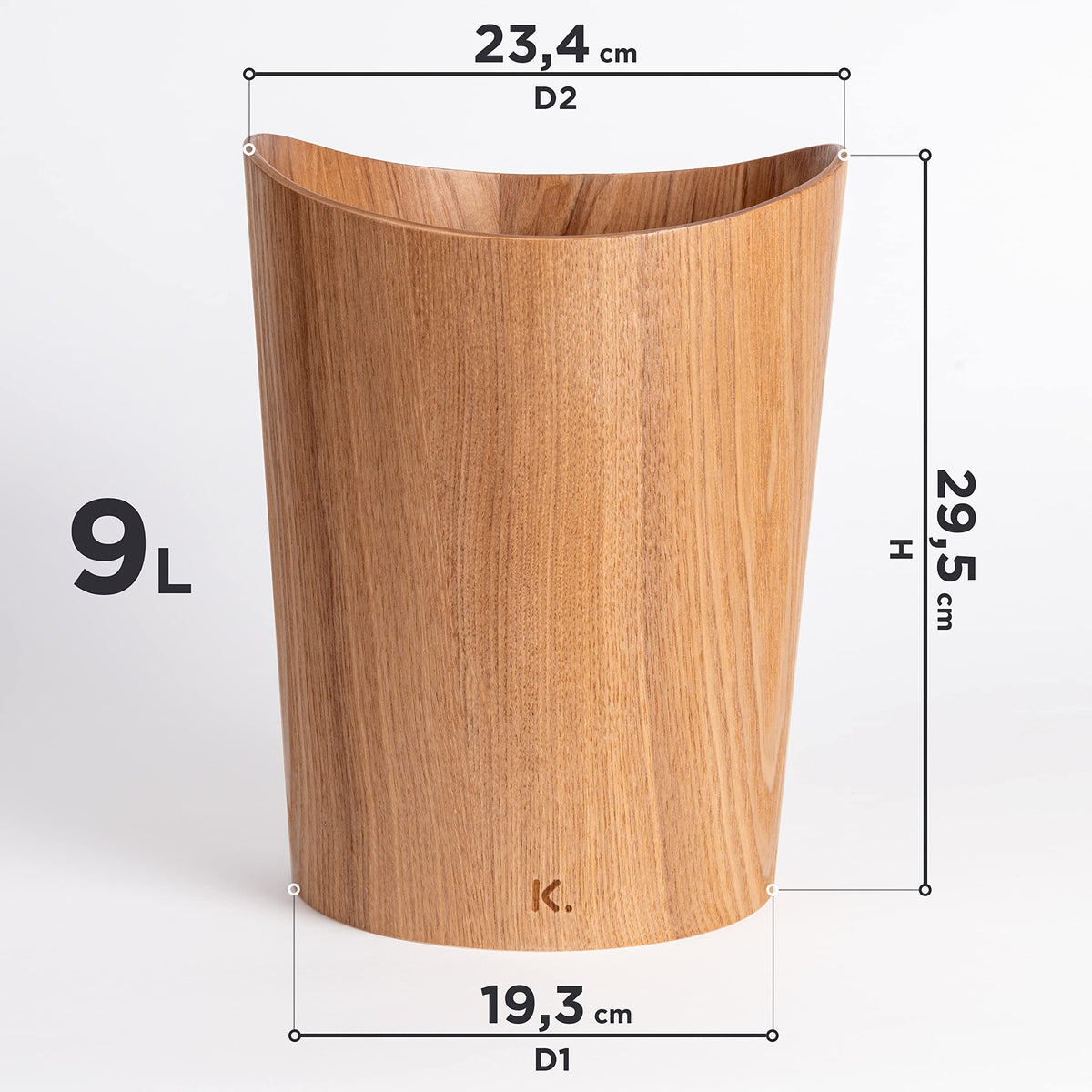 Kazai. Real Wood Waste Paper Bin Brje | Wooden Paper Basket for Office, Kids' Room, Bedroom and more | 9 liters | Ash