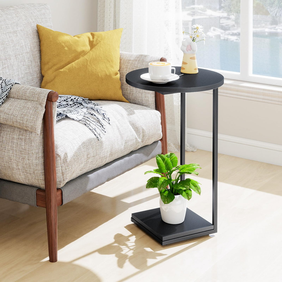 HDANI C-Shaped Side Table,Round End Table under Sofa,Bedside Table,Sofa Side Table with Metal Frame,Small Coffee Snack Table for Living Room