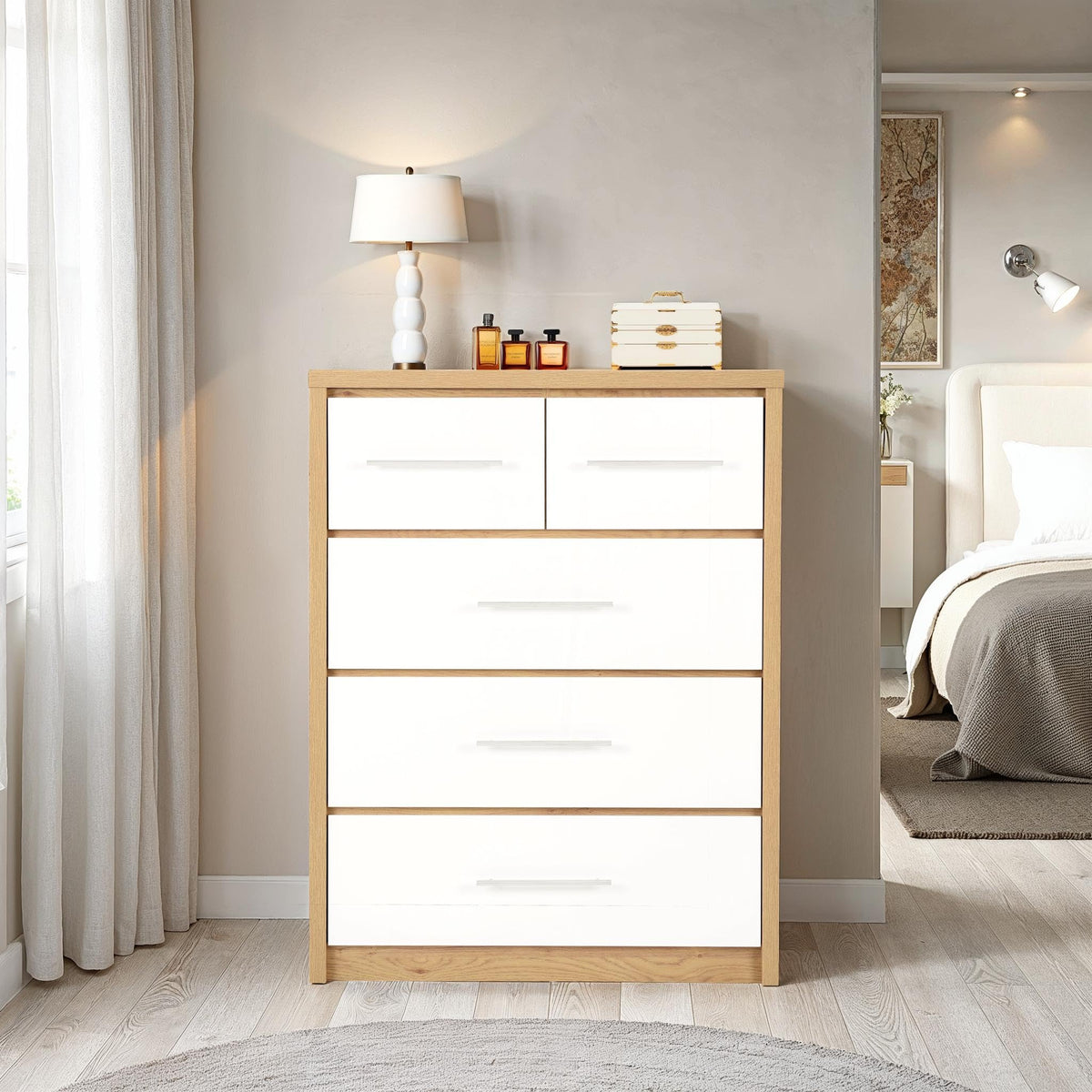 Seconique Seville 3+2 Drawer Chest in White Gloss/Light Oak Effect Veneer