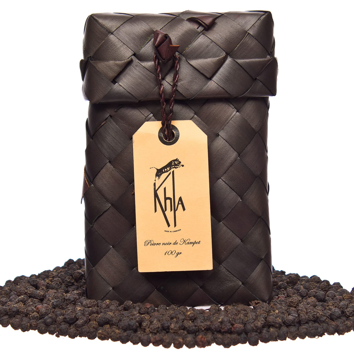 Khla - Organic Kampot Black Pepper - Peppercorns 100g - Traditional Palm Leaf Gift Box - Grand Cru, Rare - Kitchen Ingredient - Direct Producer -