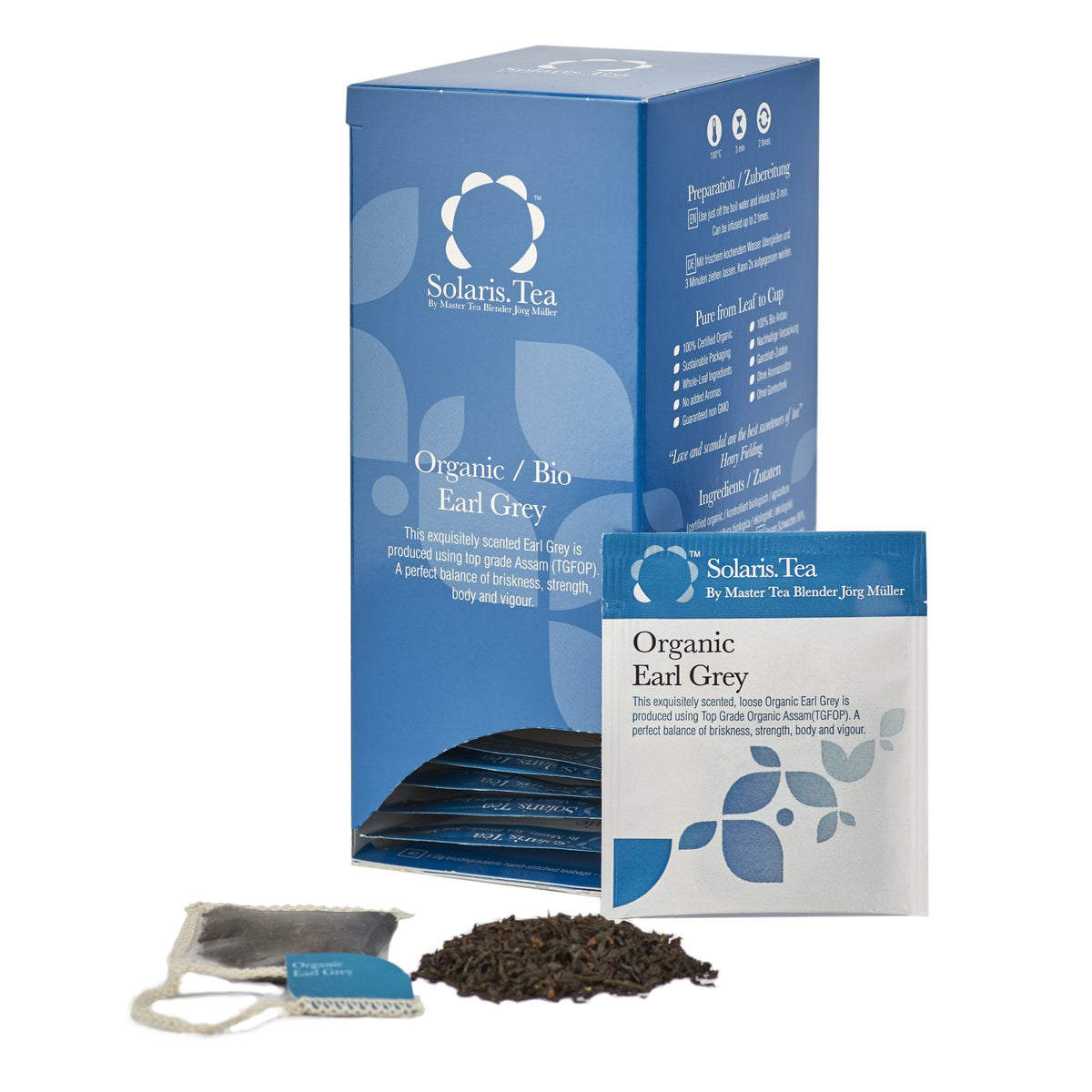 Solaris Tea - Organic Earl Grey | 100% Organic Whole Leaf Tea | Certified Vegan | 40x Biodegradable Stitched Teabags, (1 x 80 g)