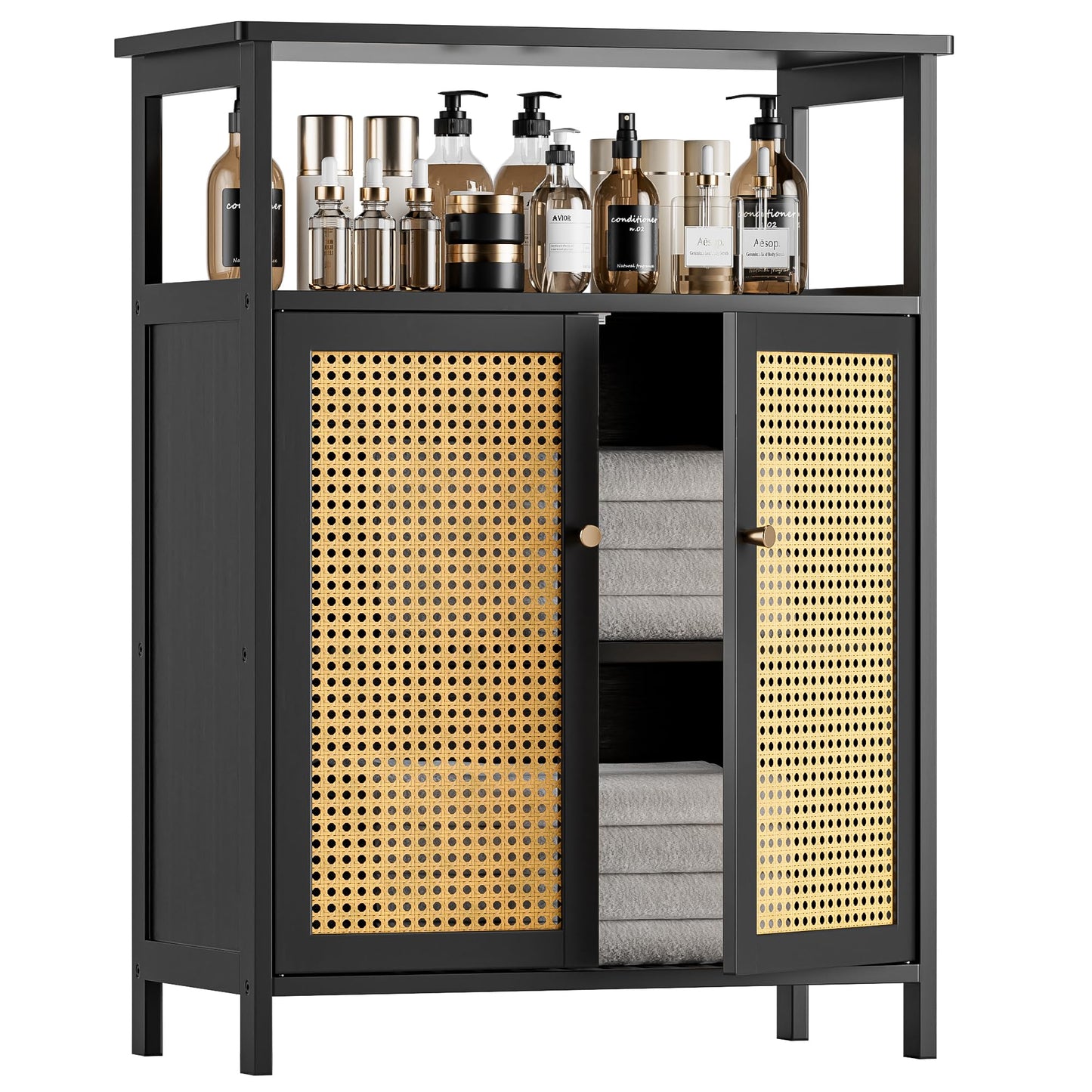 HITNET Bamboo Floor Cabinet, Bathroom Storage Cabinet with 2 Rattan Doors and Shelves, Freestanding Kitchen Cupboard Space Saving Home Decor, Black