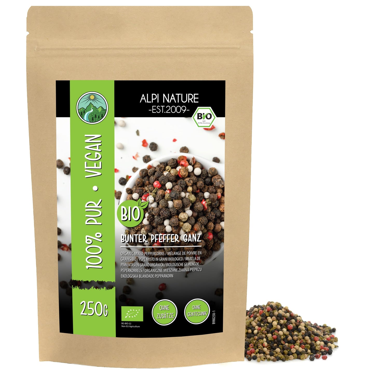 Alpi Nature Organic Mixed Peppercorns 250g 8.8 oz, Black, White, Pink and Green Whole Peppercorns