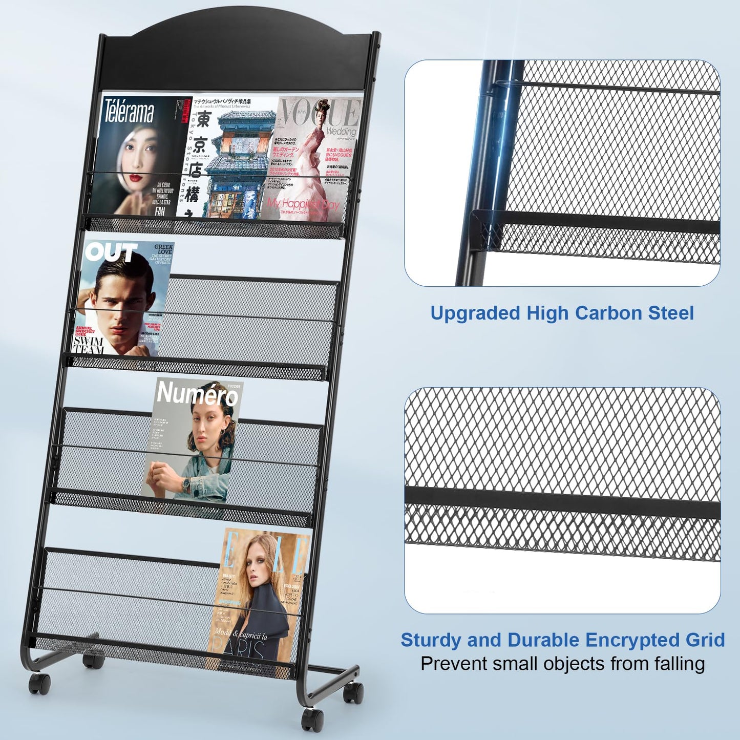 Vimunie Metal Magazine Rack Literature Display Rack, Magazine Stand Literature Holder with Wheels, Brochure Stand for Office Home Retail Store(Black)