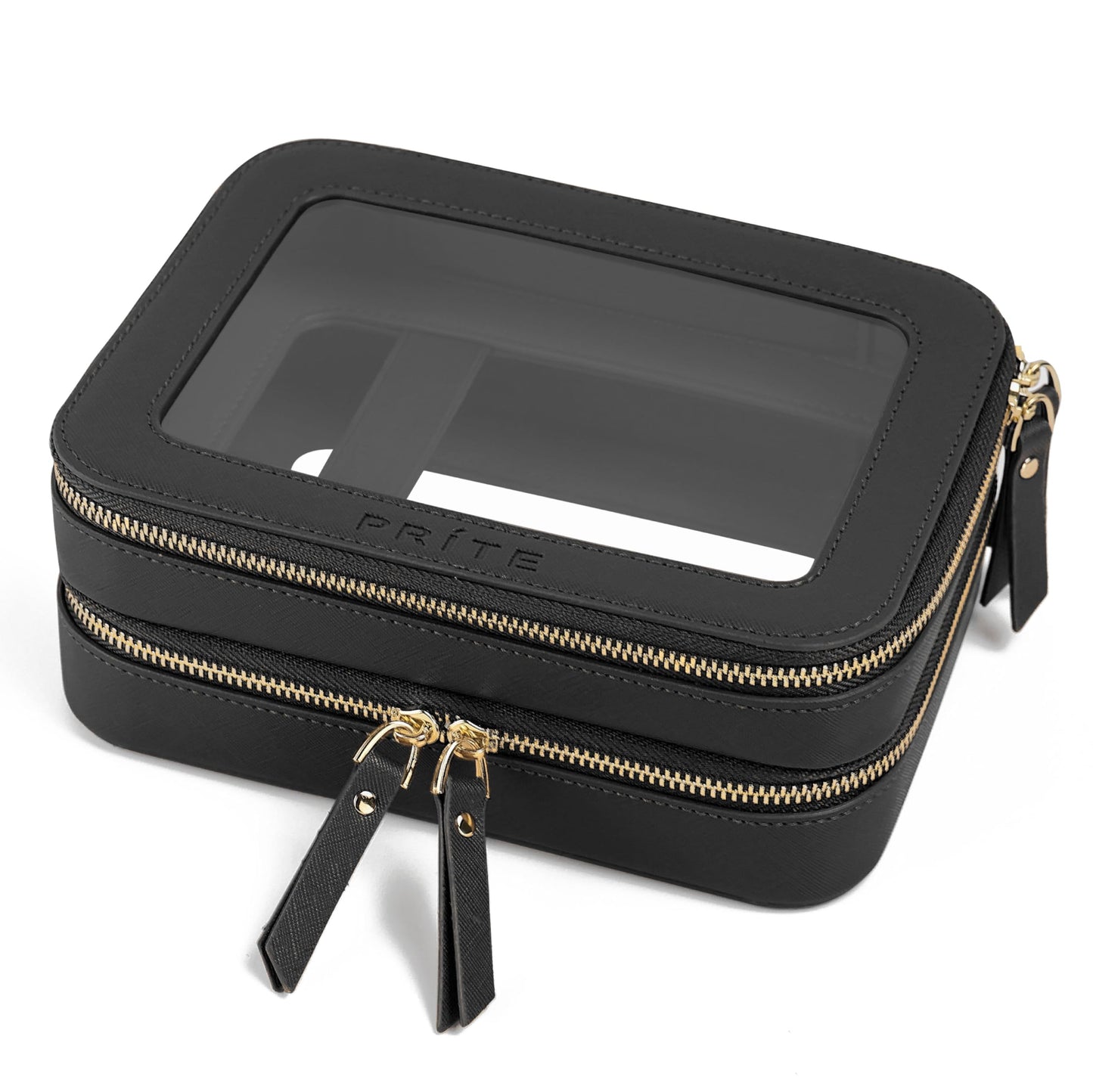 Prite Large Clear Makeup Bag with Gift Box Double Sided Cosmetic Case Two Layer Travel Toiletry Bag with Zippers and Compartment (Black)