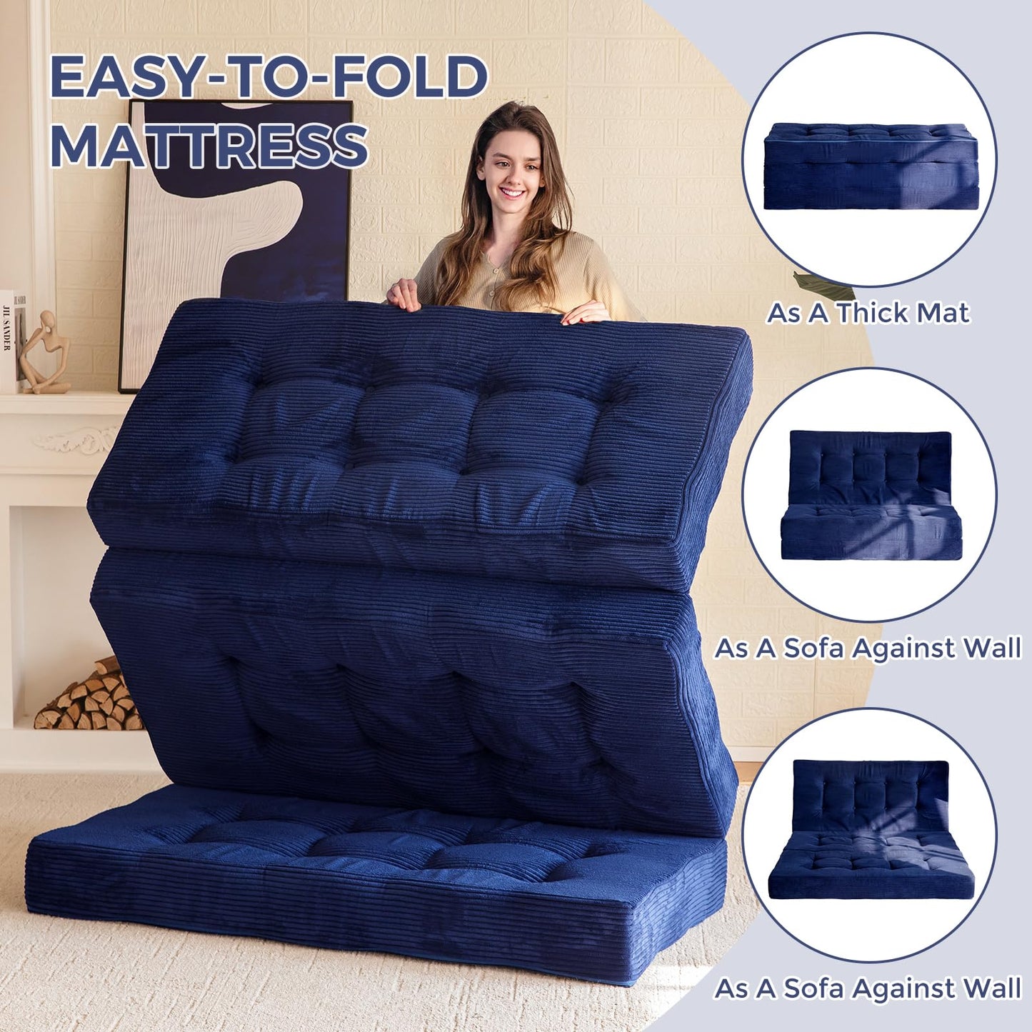 MAXYOYO Folding Mattress, Comfy Corduroy Foldable Mattress with 15cm Thicken Foam, Tri-Fold Floor Futon Sofa Bed for Guest,Dark blue,King