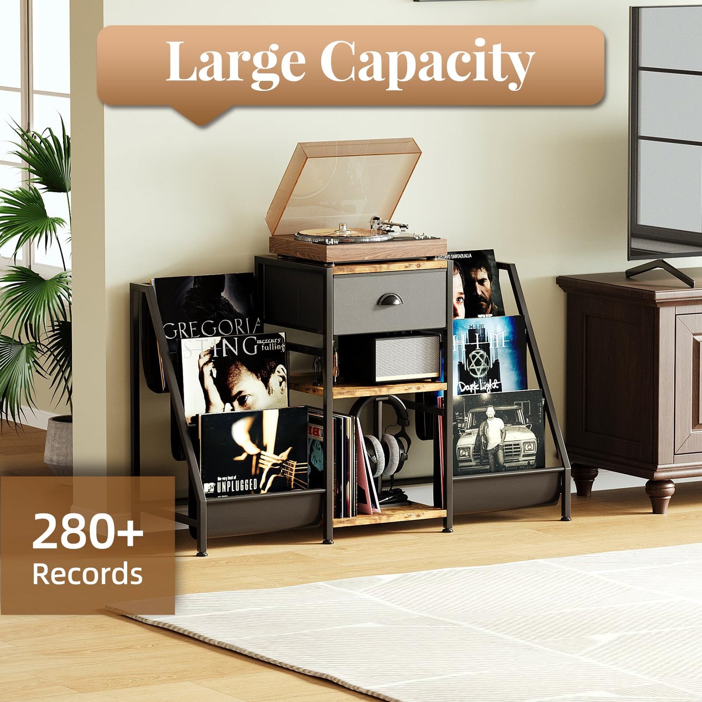 CAIYUN Record Player Stand with 3-Tier Storage, Turntable Table for Living Room, Holds Up to 280 Albums
