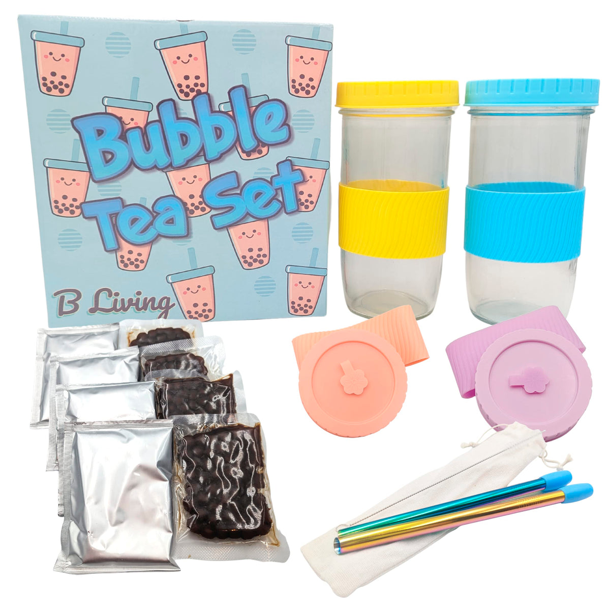 Bubble Tea Kit Gift Set - Bubble Tea Cups With Lids, Straws, Boba Pearls, Boba Tea Powder, Spare Bubble Tea Cup Lids & Boba Tea Kit Accessories.