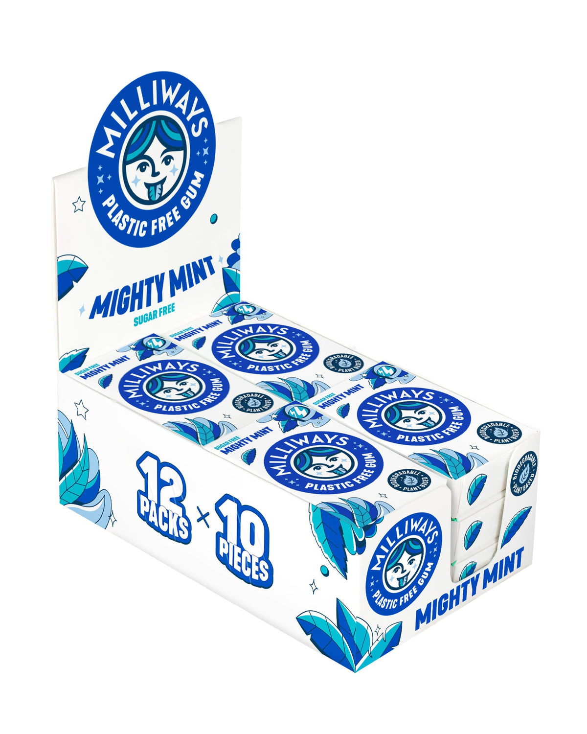 Milliways Mighty Mint Chewing Gum, Plastic Free, Sugar Free, Aspartame Free, Natural | 12 Packs of 10 Pieces (120 Pieces Total) | Xylitol,
