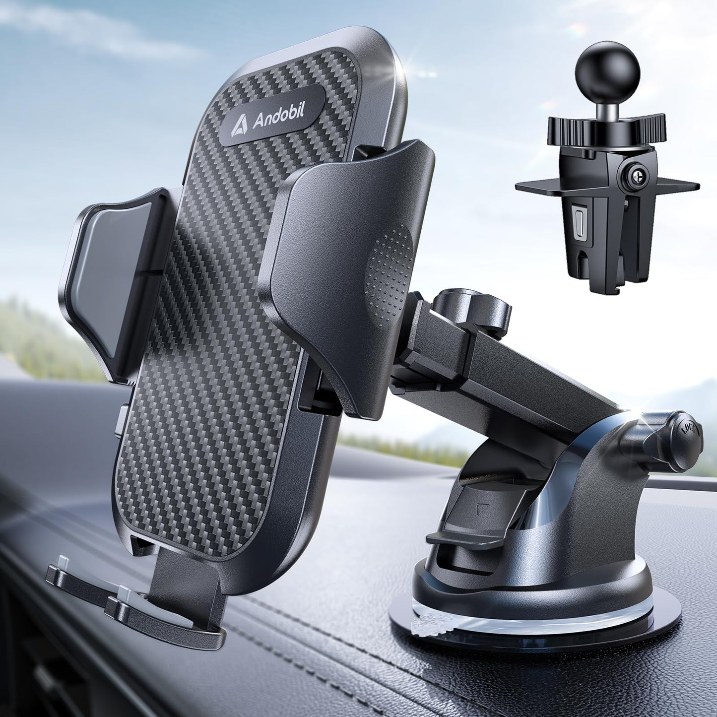 andobil Car Phone Holder, 2025 Military-Grade 85lbs Strongest Suction Phone Holders for Your Car Dashboard/Windshield/Vent Easy Clamp Cellphone Holder