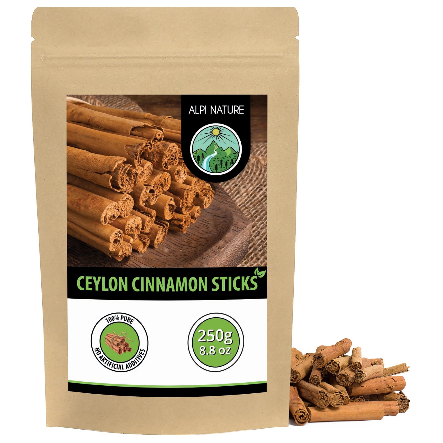 Alpi Nature Ceylon Cinnamon Sticks 250g 8.8 oz, Cinnamon Sticks 80mm, Approx. 29-31 per Bag