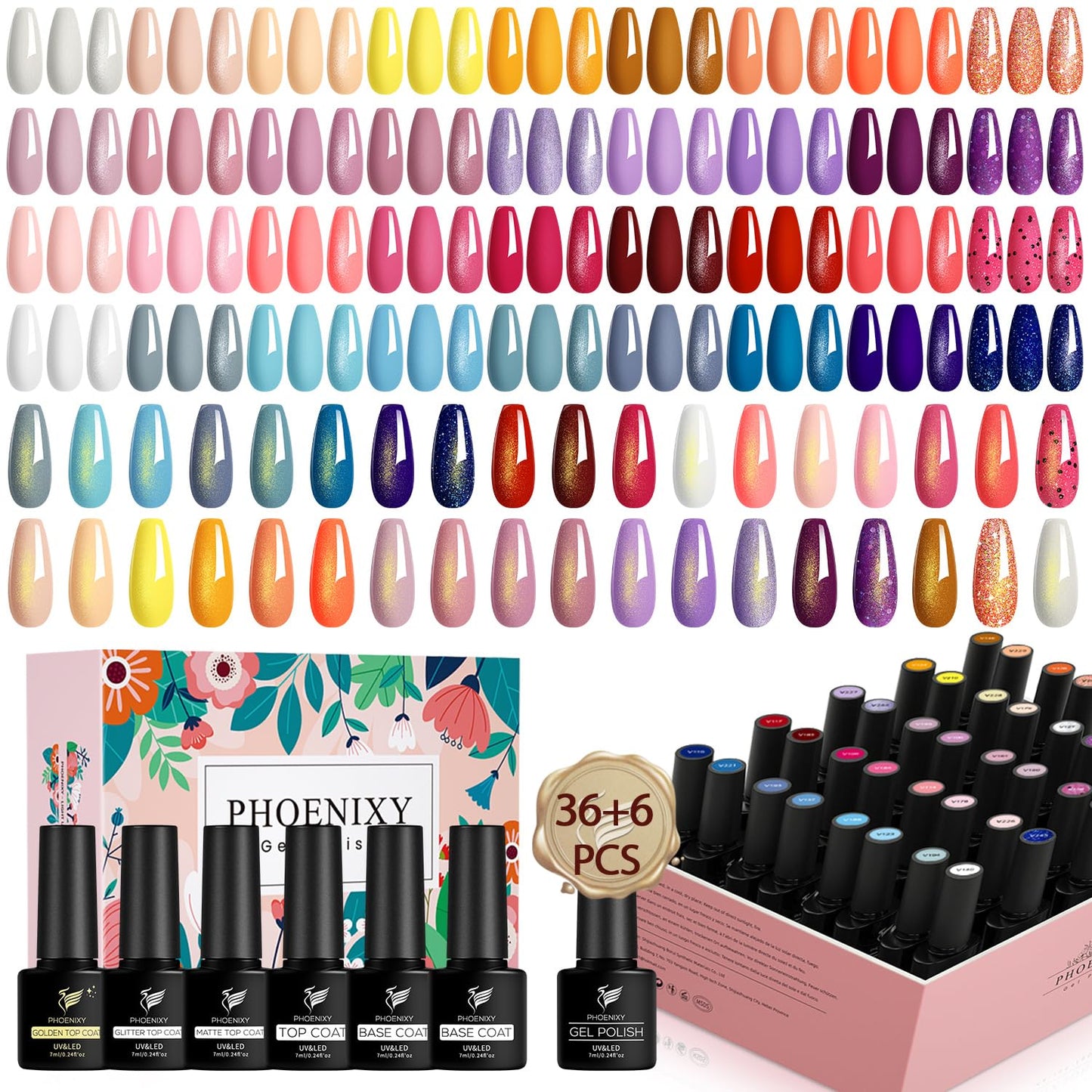 Gel Nail Polish Set, Phoenixy 42 Pcs U V Gel Nail Polish with Glossy Matte Glitter Golden Base Top Coat, Red Blue Purple Orange Soak Off Nail Kit Gift