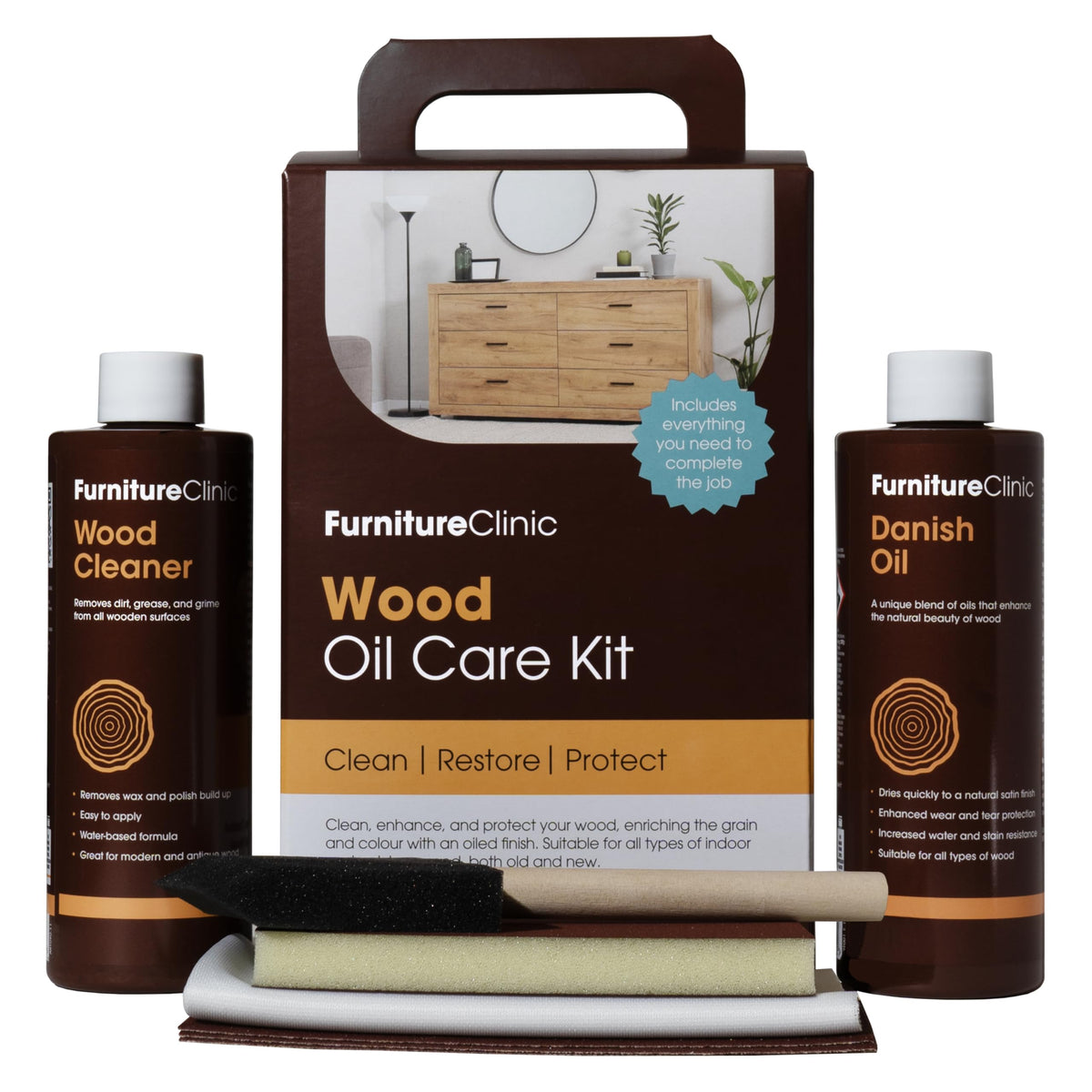 Wood Oil Kit - for Oiling & Restoring All Indoor & Outdoor Wooden Surfaces Such as Furniture, Worktops & Doors. Contains 250ml Danish Oil, 250ml Wood