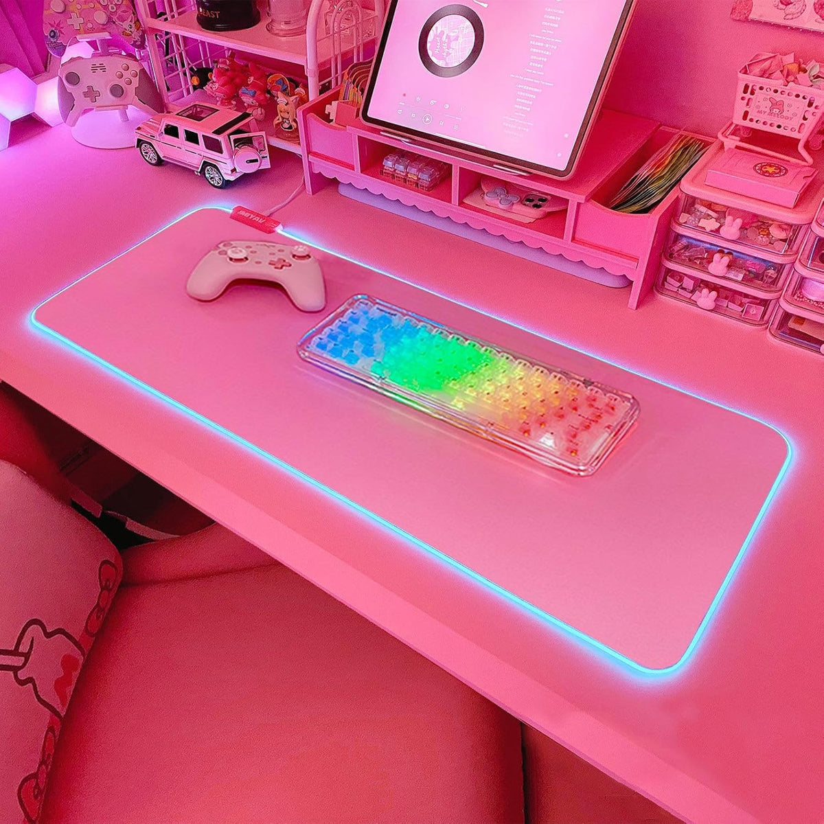 JMIYAV Pink RGB Gaming Mouse Pad PC XL Large Extended Glowing Led Light Up Desk Pad Mouse Mat Non-Slip Rubber Base Computer Big Cute Mousepad Mat