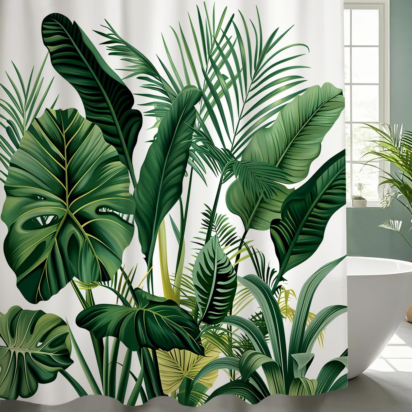 NEJLCTOROUS Shower Curtain Green,Tropical Leaves Bathroom Curtain,Polyester Washable Fabric Leaf Plant Bath Curtain with 12 Hooks for Wet Room (200cm