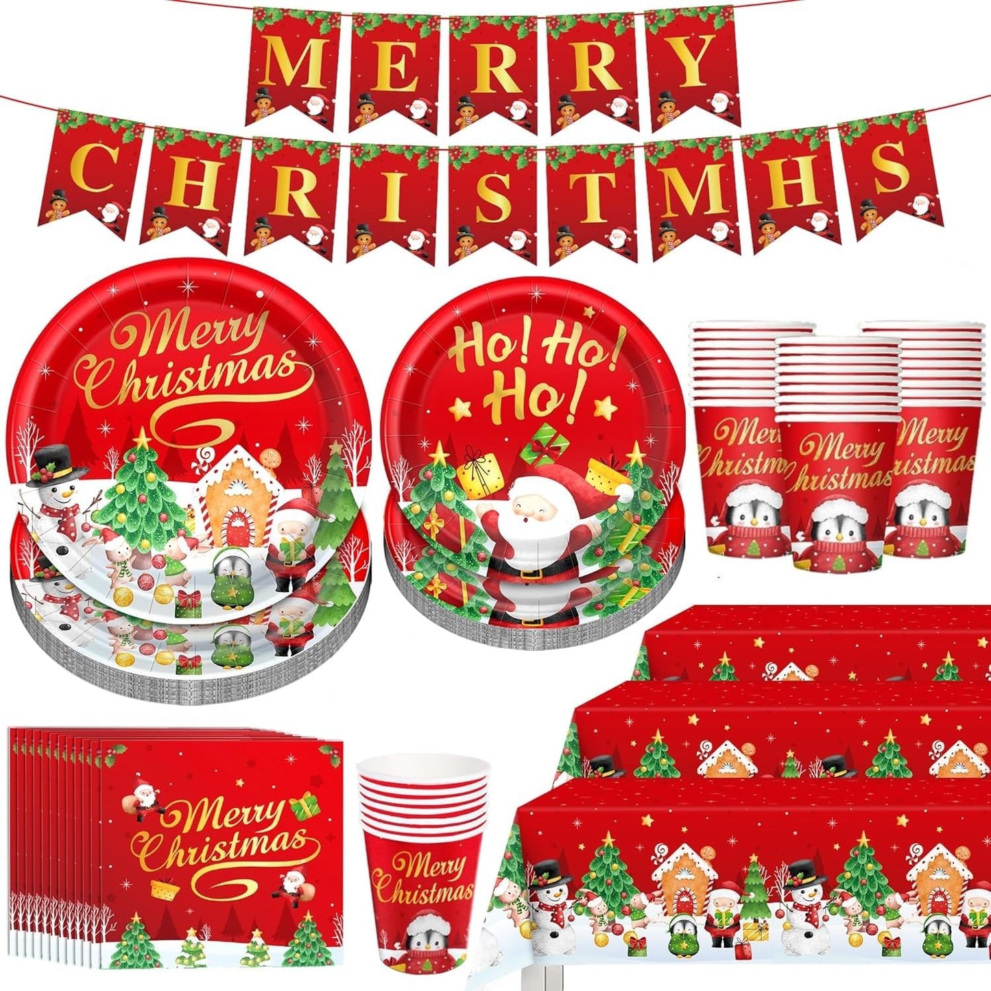 KAHEIGN 102Pcs Christmas Party Paper Tableware Set, 25 x 9 Inch Dinner Plates, 25 x 7 Inch Salad Plates, 25 x 270ml Cups, 25 x Napkins, 1 x Table