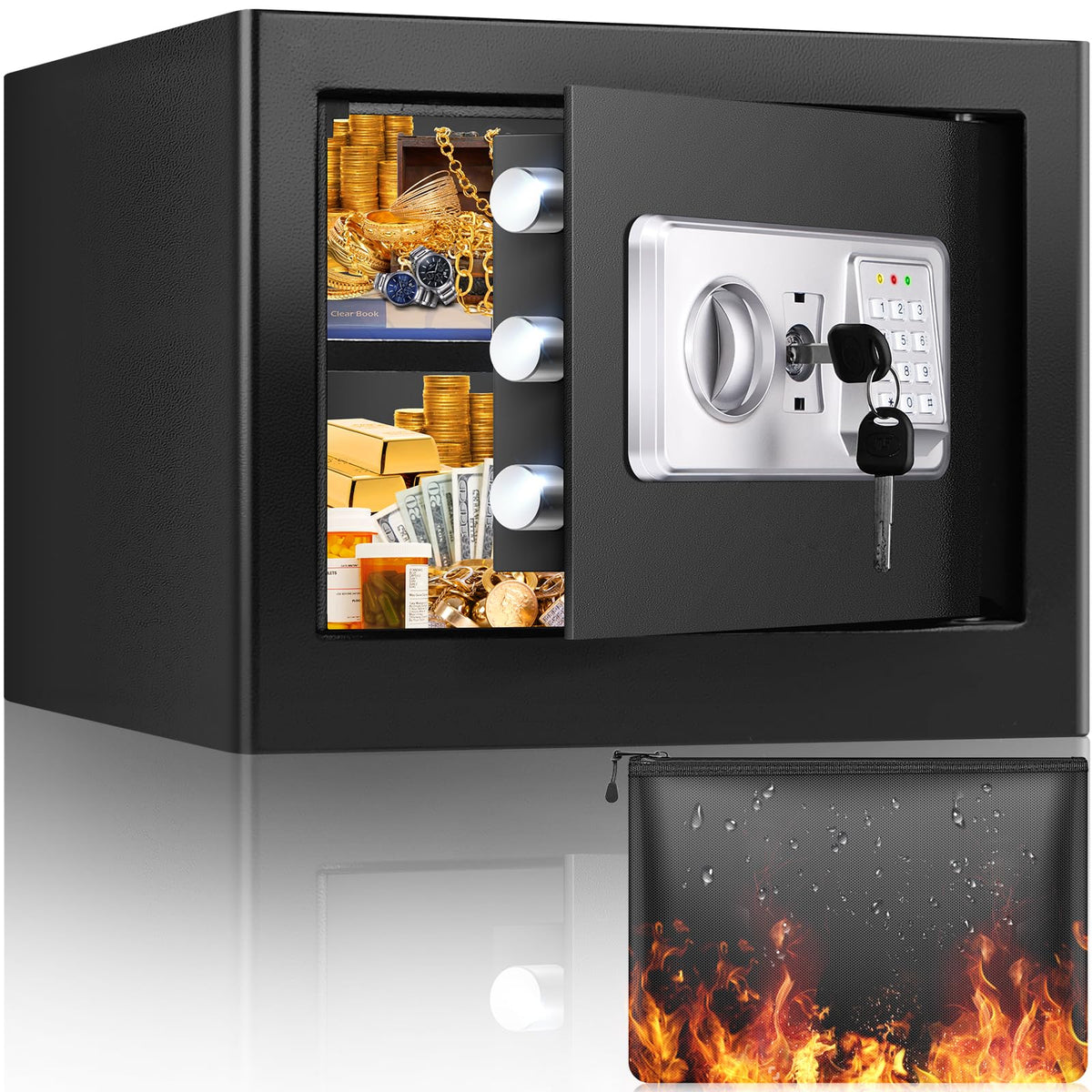 Mejasg Fireproof Safe for Home with Fireproof Money Bag and Removable Shelf, 22L Anti-Theft Small Home Safe Box with Alarm and Silent Mode, Digital