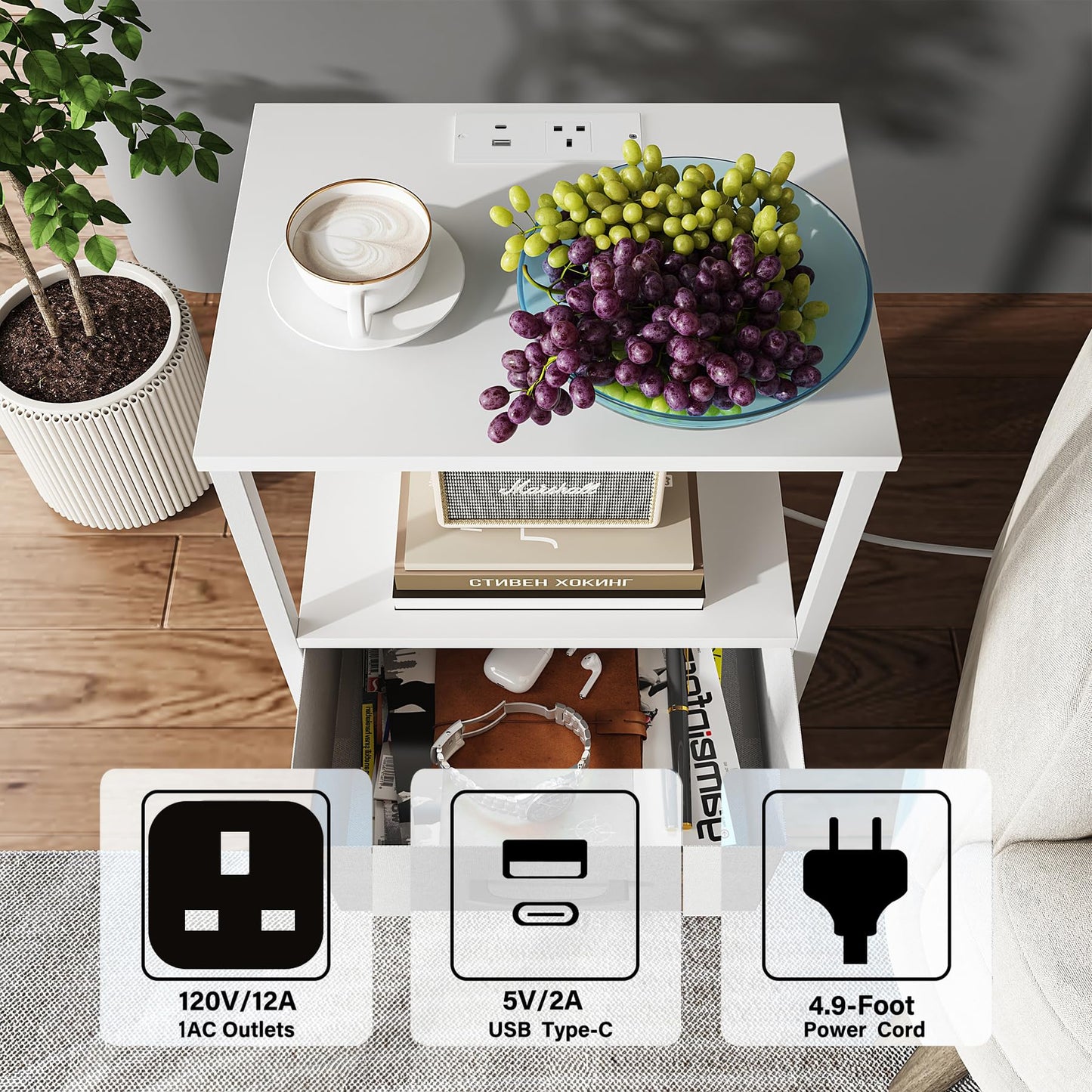 TUTOTAK Bedside Table with Charging Station, Side Table with 2 USB Ports and Outlets, Nightstand with Cloth Drawer, Set of 2, End Table