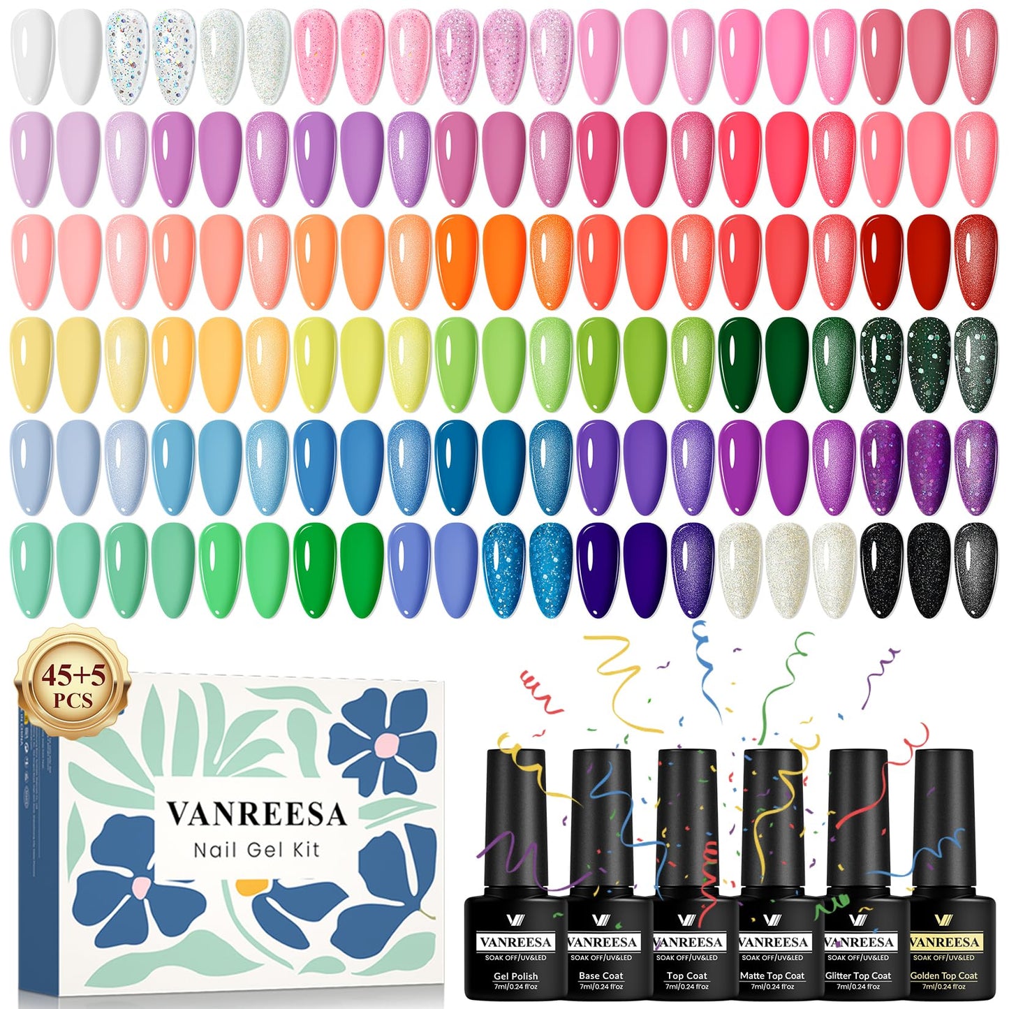 VANREESA Gel Nail Polish Set, 45+5 PCS UV Gel Nail Polish Orange Pink Red Blue Green Bright Colours Gel Nail Varnish Gels Polish Set with Base Top