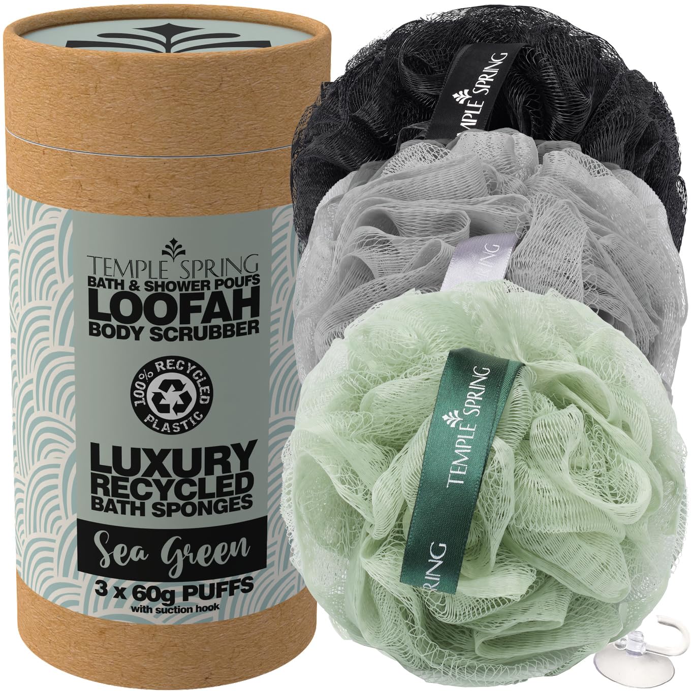 Temple Spring Loofah Shower Sponge, Recycled Body Scrubber Scrunchies, Exfoliating Bath Sponge, Shower Puff Bath Sponges for Adults, Loofah Back