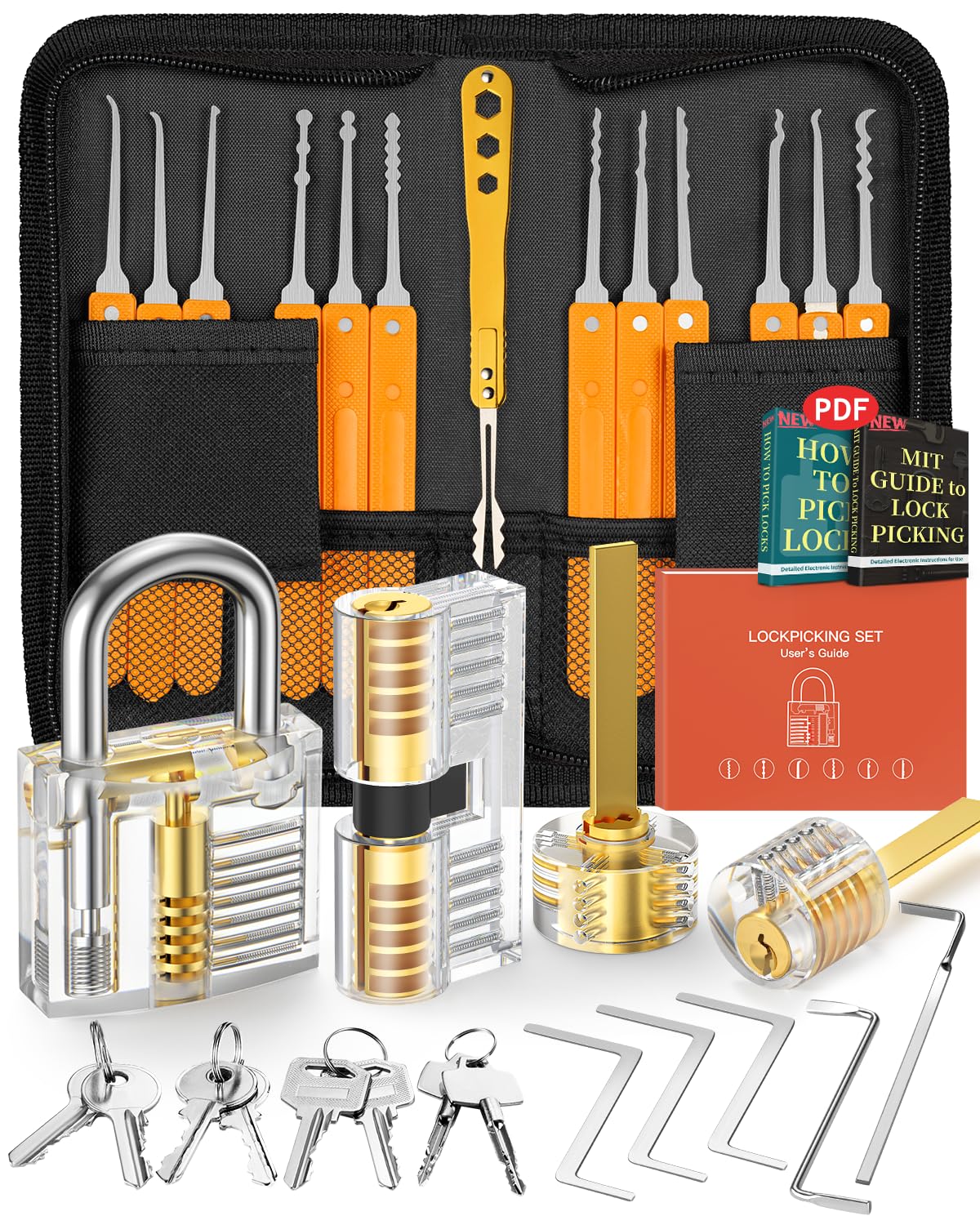 EVENTRONIC Lock Picking Kit, 32-Piece Lock Pick Set with 4 Transparent Training Locks and Manual and Zip Case for Lockpicking, Extractor Tool for