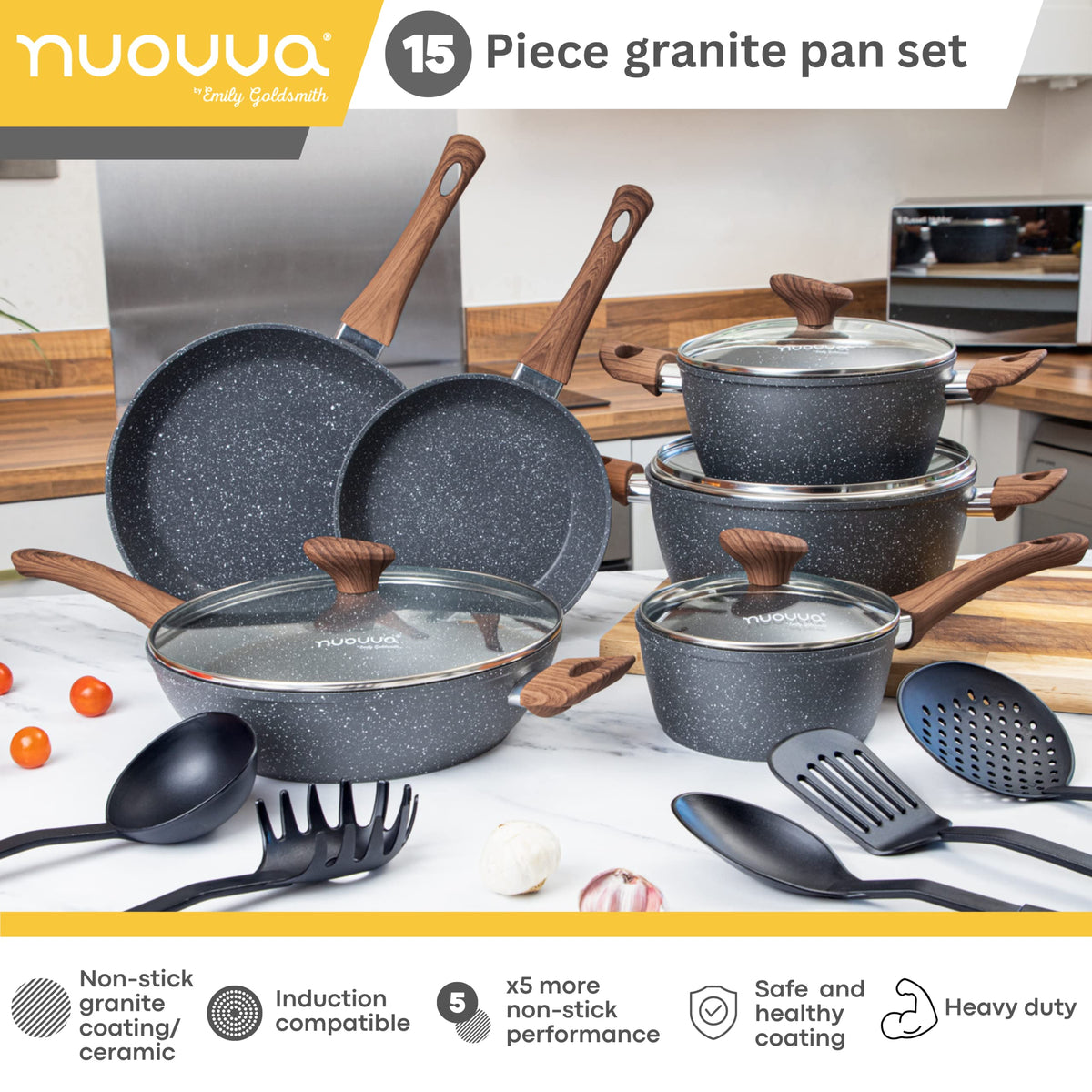 Non Stick Pots and Pans Set Induction Hob Pots Set 15pcs Kitchen Cookware with Lids Cooking Marble Saucepan Pots - by Nuovva