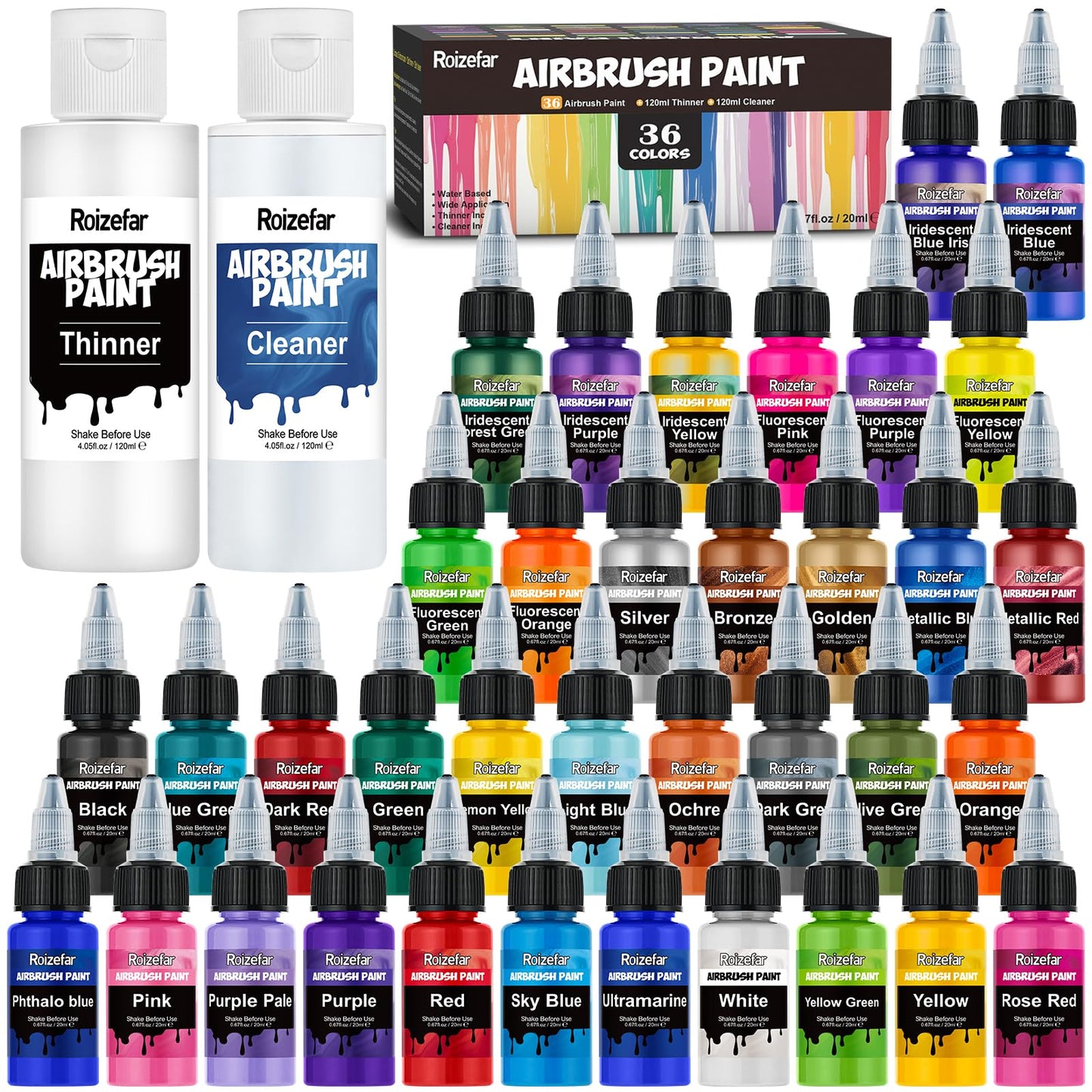 Roizefar Airbrush Paint, 36 Colors Air Brush Paint Set with Thinners & Cleaner, Water-Based Airbrush Painting Kit for Artists, Beginners, DIY