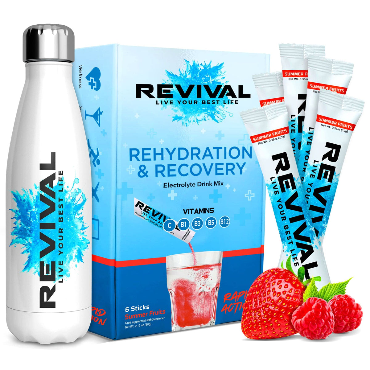 Revival Rapid Rehydration Starter Pack - 500ml Steel Water Bottle with 1 x 6 Packs Electrolytes Powder Sachets - Summer Fruits