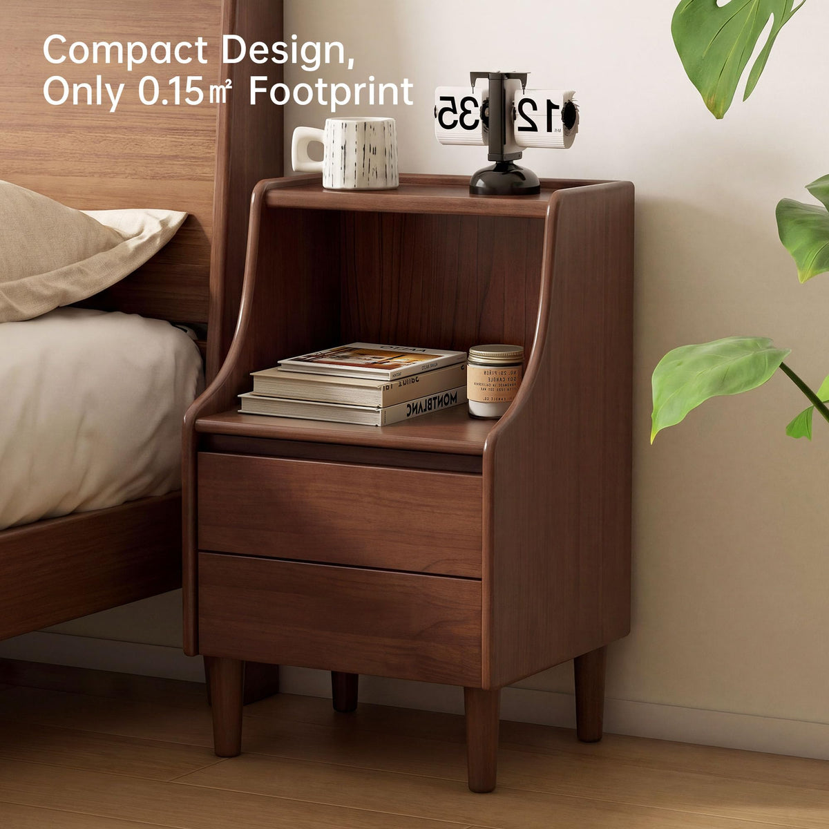 Solid Rubber Wood Bedside Table 2 Drawers Open Storage Bedroom Nightstand