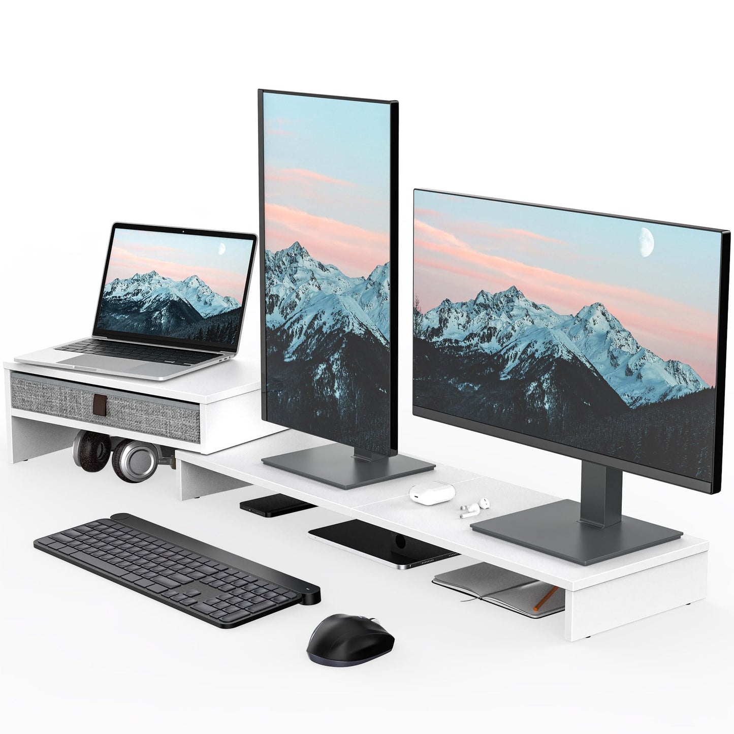 Fenge Dual Monitor Stand with Drawer Computer Monitor Stand Riser - 2 Shelf with Adjustable Length and Angle, Wood Monitor Stands for 2 Monitors,