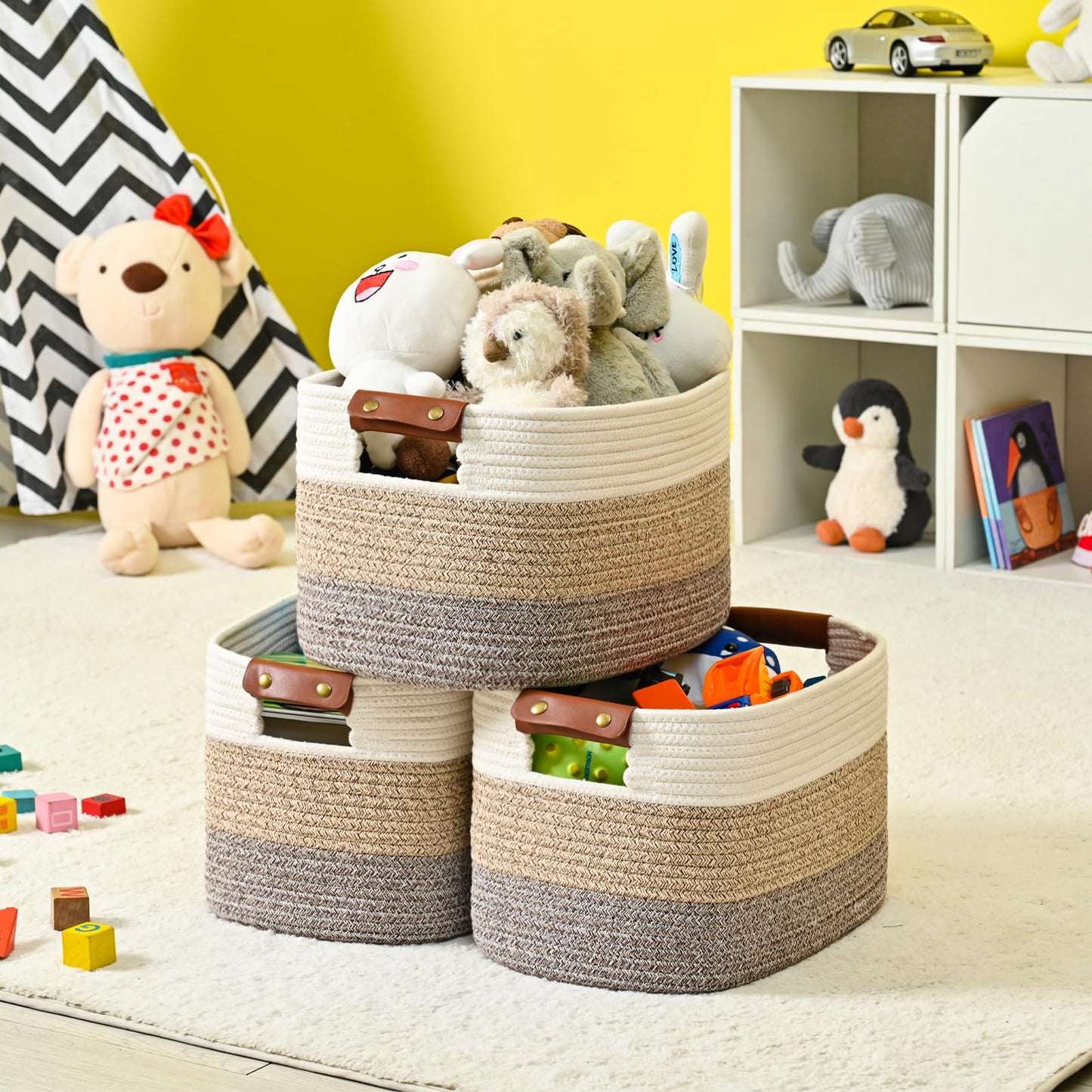 Cotton Rope Storage Basket Woven Shelf Storage Bin with Detachable Leather Handles, Decorative Closet Shelf Woven Basket (Gradient Brown 3PACK)