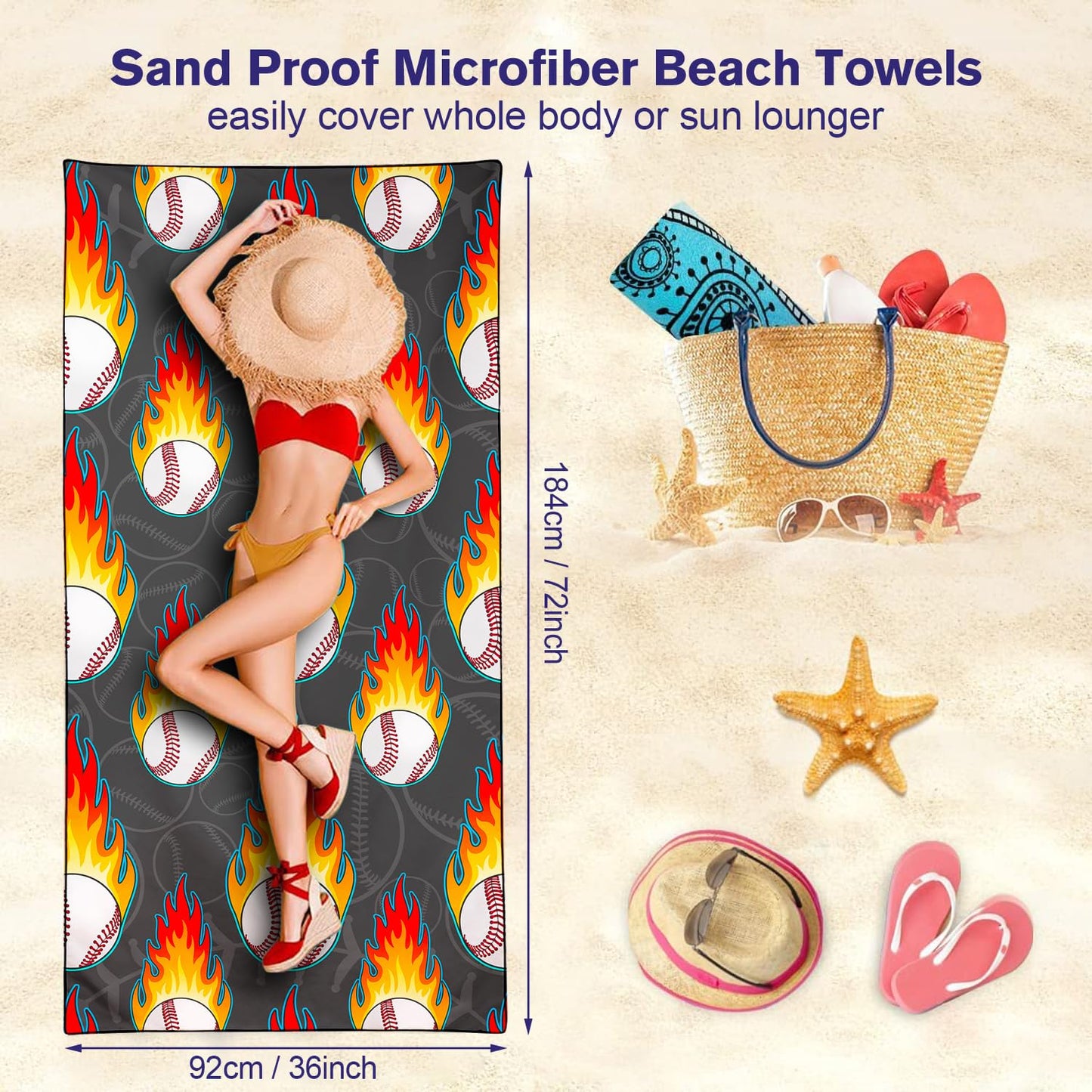 Violetpos Flaming Baseball Beach Towel, Extra Large 180x90 cm 250GSM Microfibre, Sand Free Quick Dry