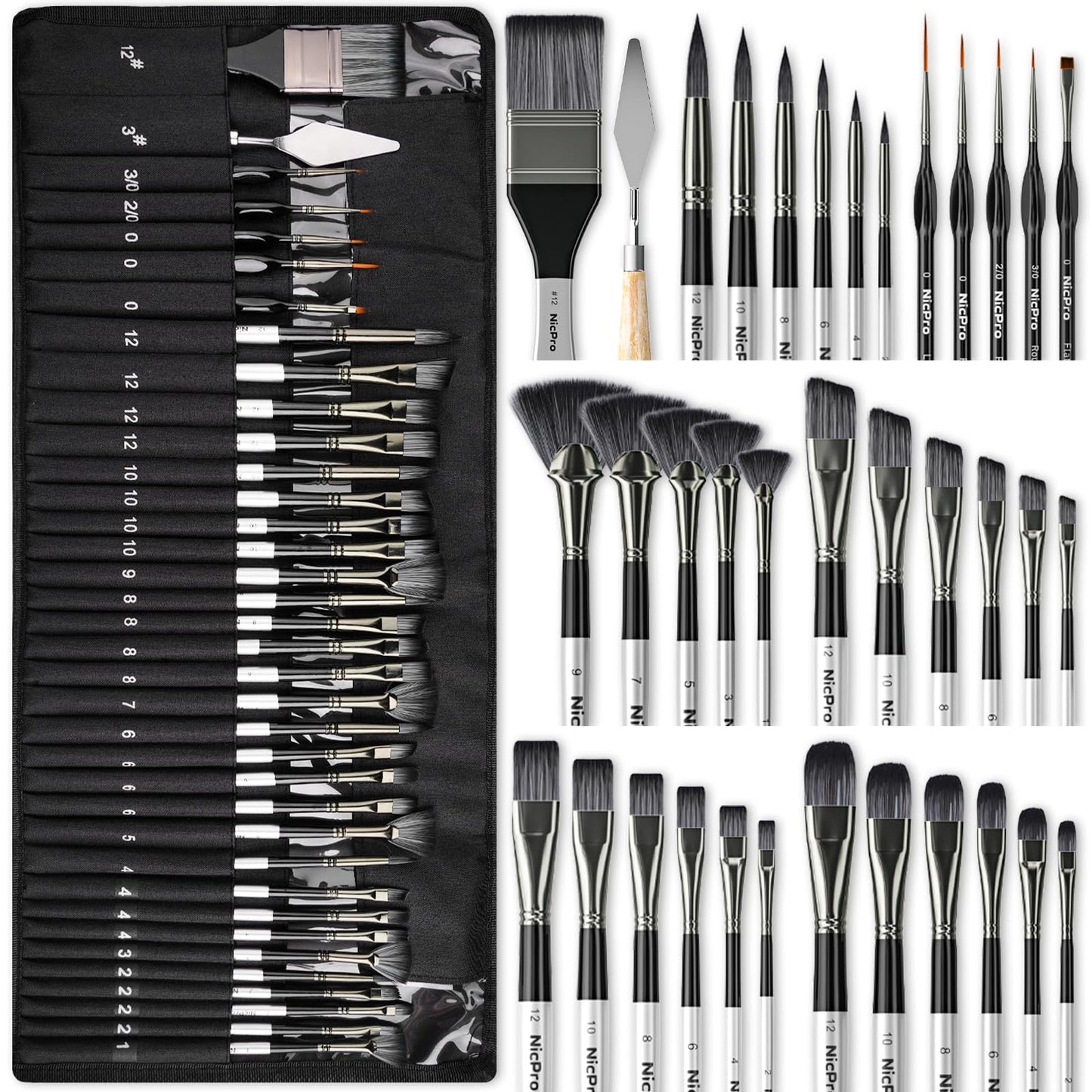Nicpro 36pcs Paint Brush Set, Professional Paintbrushes with Cloth Roll, Suitable for Artists and Beginners for Acrylic Painting, Oil, Watercolour,