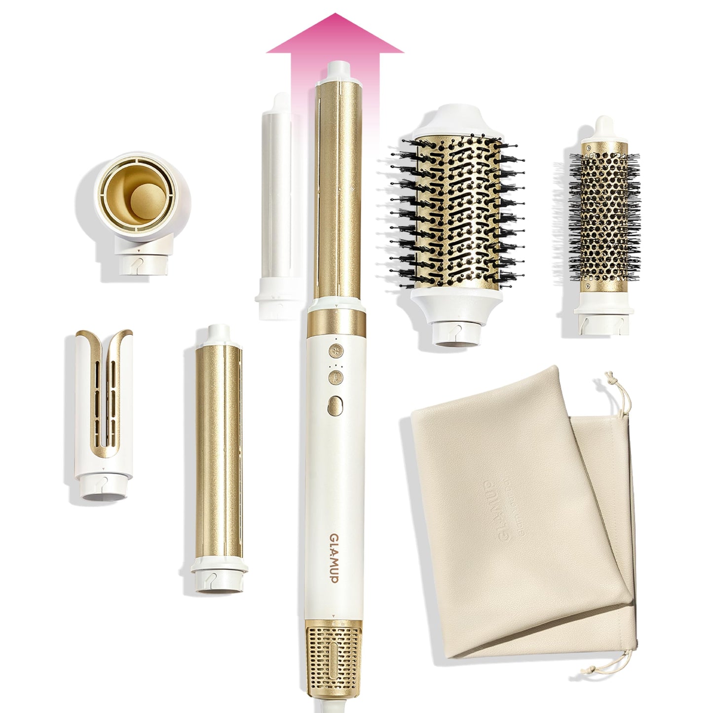 GLAMUP? Aircurler? 6 in 1 Hot Air Styler, Upgraded Long Barrel, Round Brush, Powerful High Speed Dryer, Tight Grip, Curling Volumizing Gift Set with