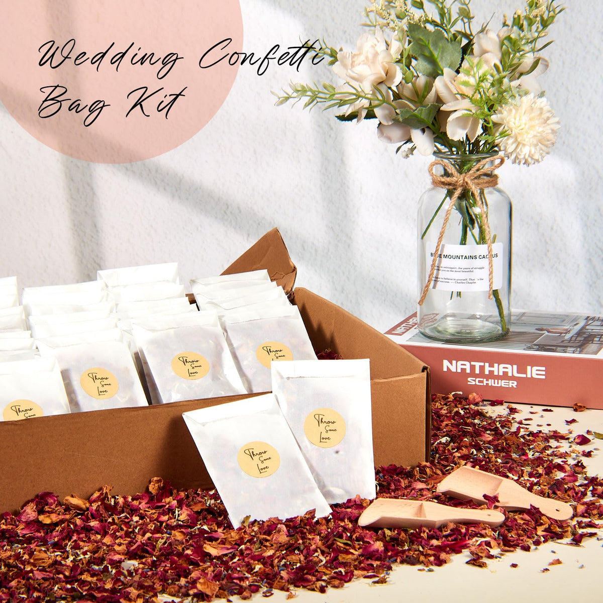 Tenare 100 Sets Wedding Confetti Bags Kit with Display Box for 100 Guests, Includes Glassine Confetti Bags Natural Dried Rose Petals and Stickers