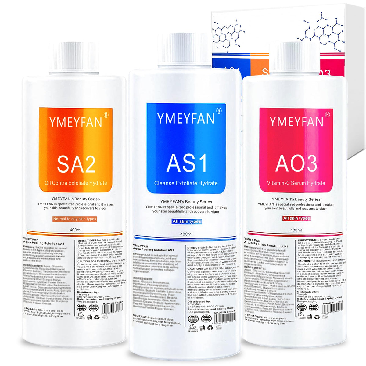 Aqua Peeling Solution for Hydro Facial Machine Professional, AS1 SA2 AO3 Cleansing Oil-Control Nourishing Exfoliating Hydra Face Solution Serum, For