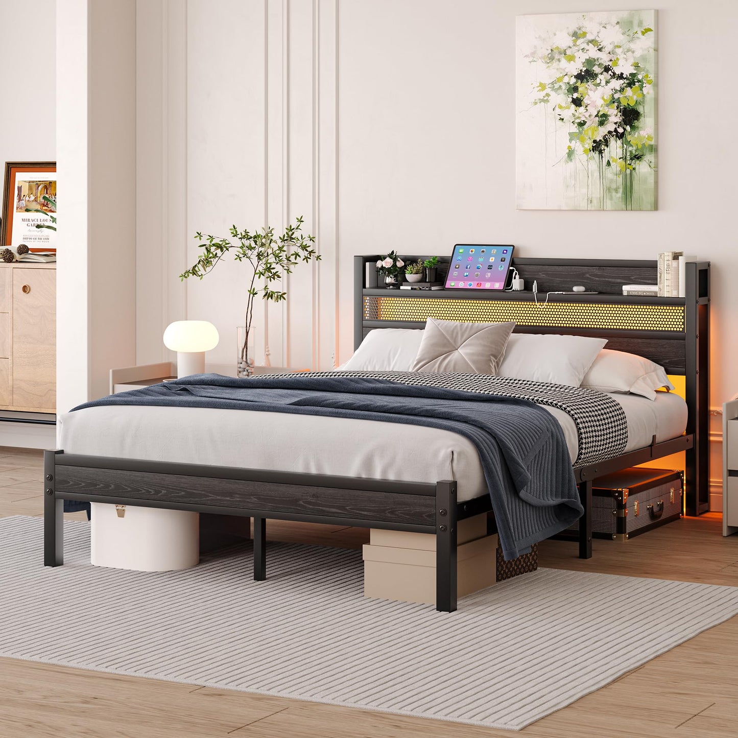 HAHRIR Double Bed Frames with Storage Headboard and Charging Station/LED Lights,135x 190 cm Heavy Duty Metal Double Size Bed Frame, Strong Steel Slats