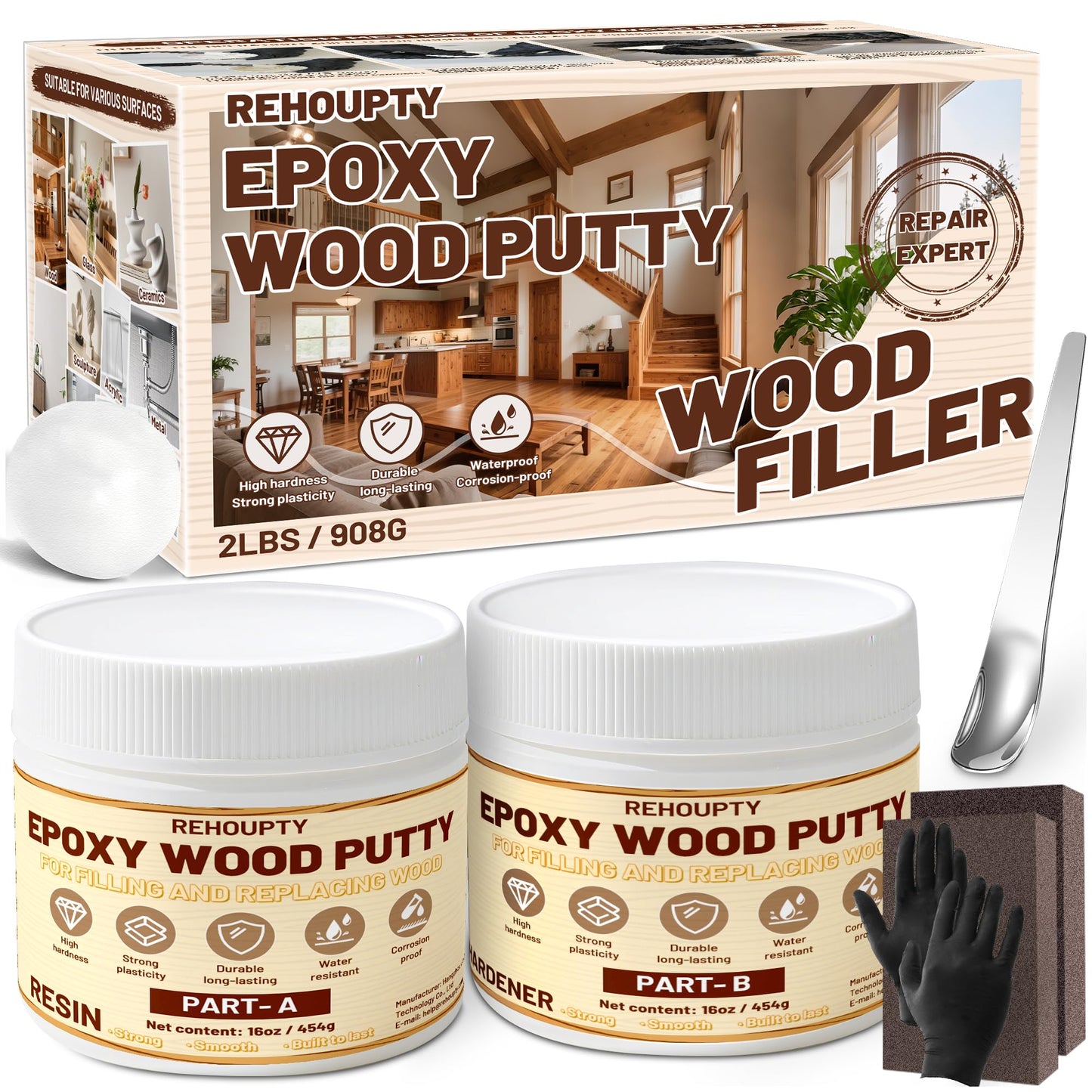 Epoxy Wood Putty Filler Kit, High Capacity Strength Wood Epoxy & Repair Kit - Stainable Paintable 32oz 2-Part Putty Filler, Woodon Filler Interior &