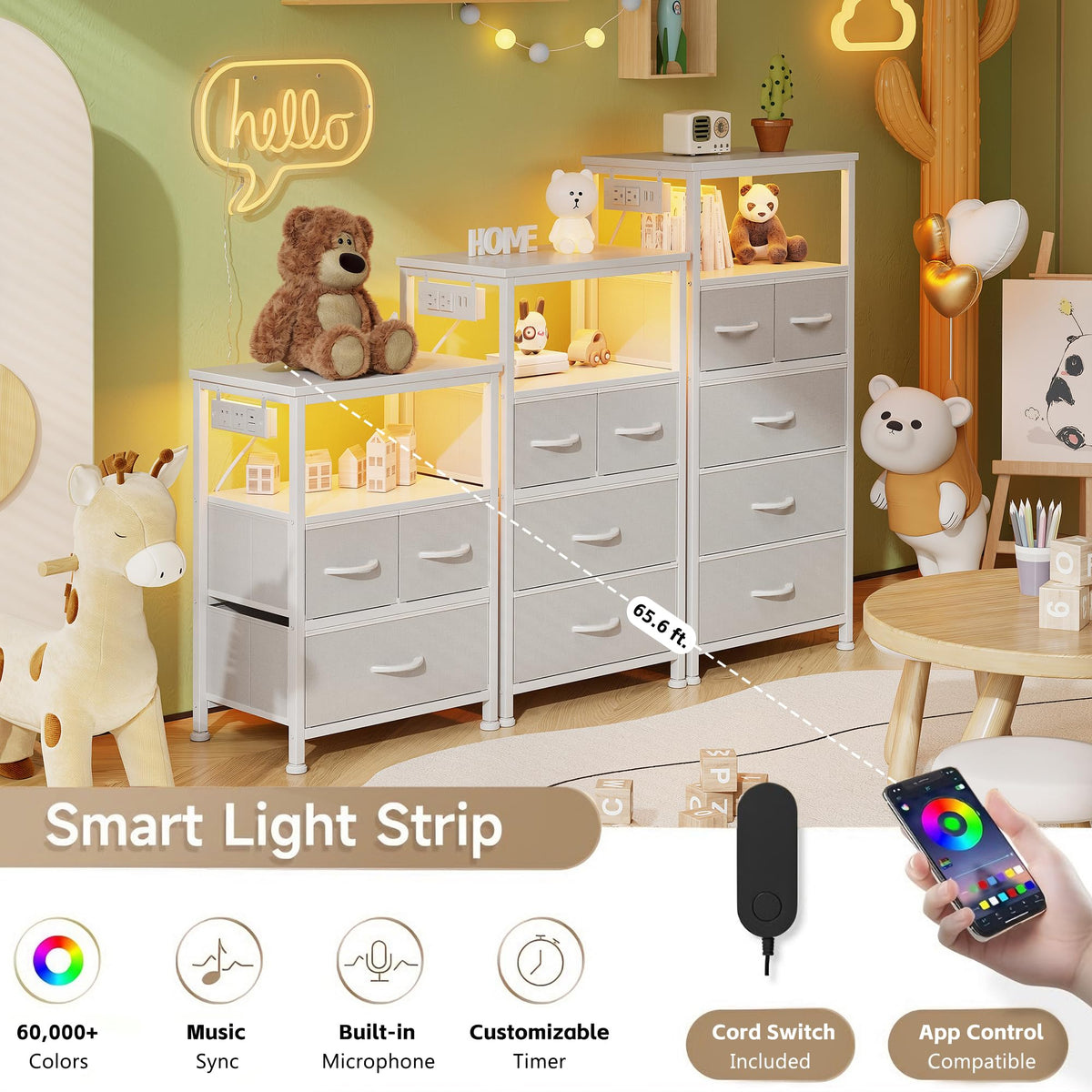 Flrrtenv Bedside Table with Charging Station, 3 Drawers Fabric Bedside Cabinet for Bedroom, LED Night Stand with Storage Shelf