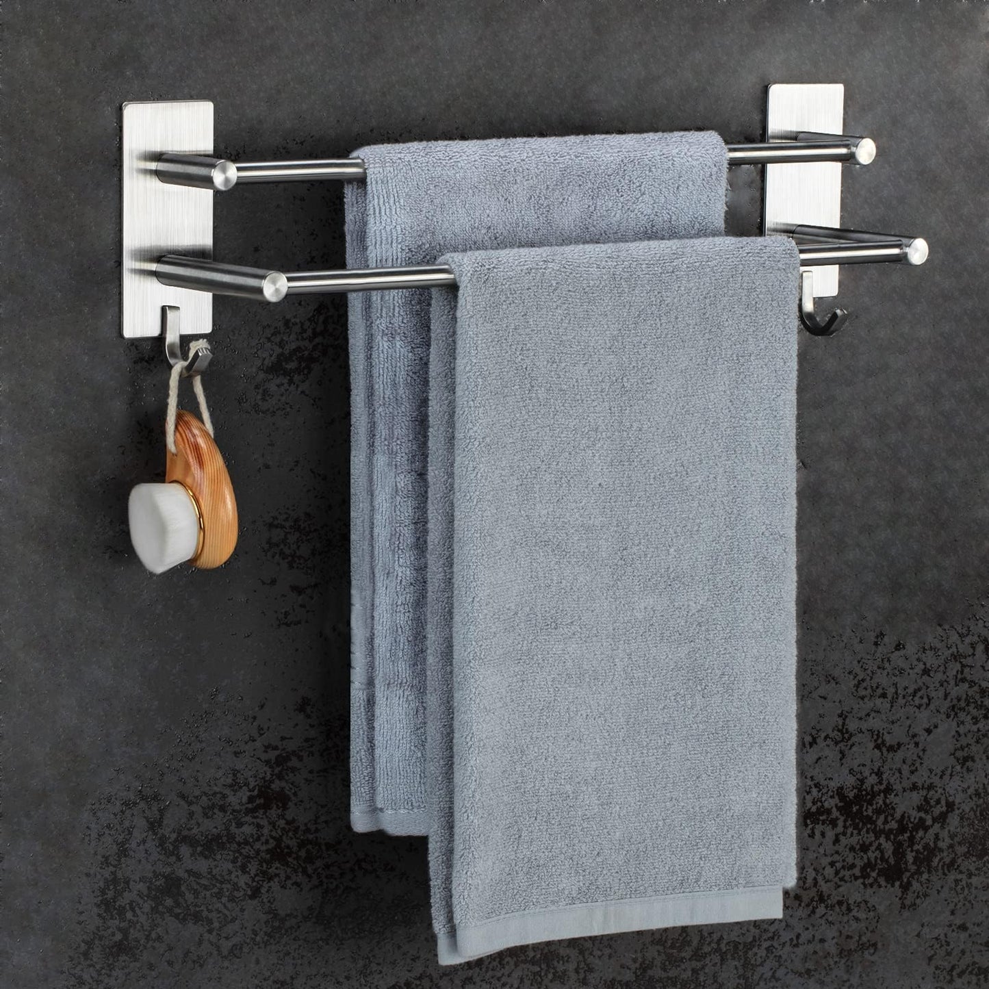 JS Towel Rail Self Adhesive Towel Holder Hanger SUS304 Stainless Steel Towel Rack 43.5cm/17.1 inch Anti-rust Dual Rod Towel Shelf Bar with 2 Hooks