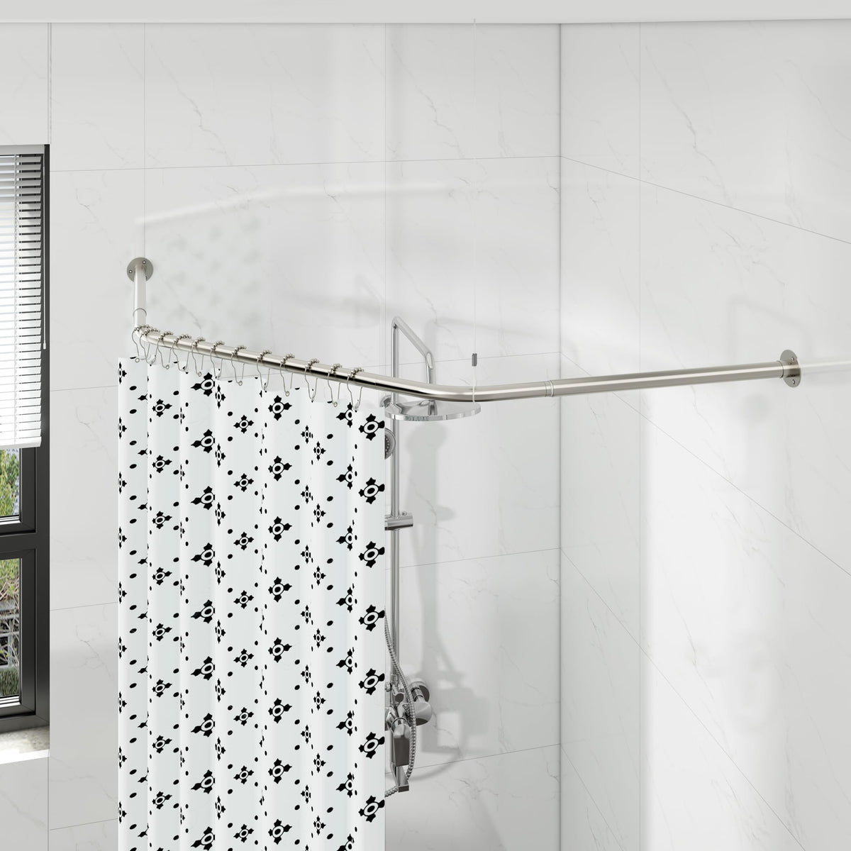Corner Shower Curtain Pole, Diamond Shaped Shower Rail, Curved Shower Curtain Rod for Bathroom, Stainless Steel with 12 Ring Hooks & Ceiling Support