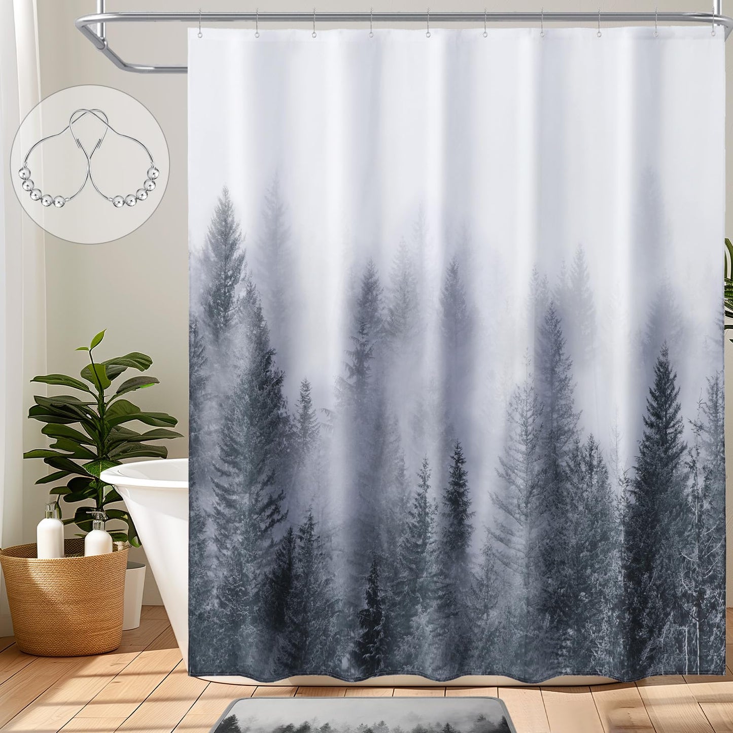 ORTIGIA Grey Shower Curtain for Bathroom, Misty Forest Shower Curtain Set with Rustproof Hooks, Decorative Pine Tree Fog Magic Bath Curtain for Home,