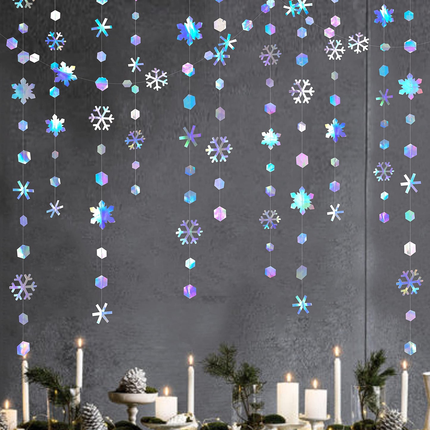 52Ft Iridescent Snowflakes Garland Winter Wonderland Party Decorations Metallic Glitter Paper Snowflakes Streamer for Winter Wonderland Frozen