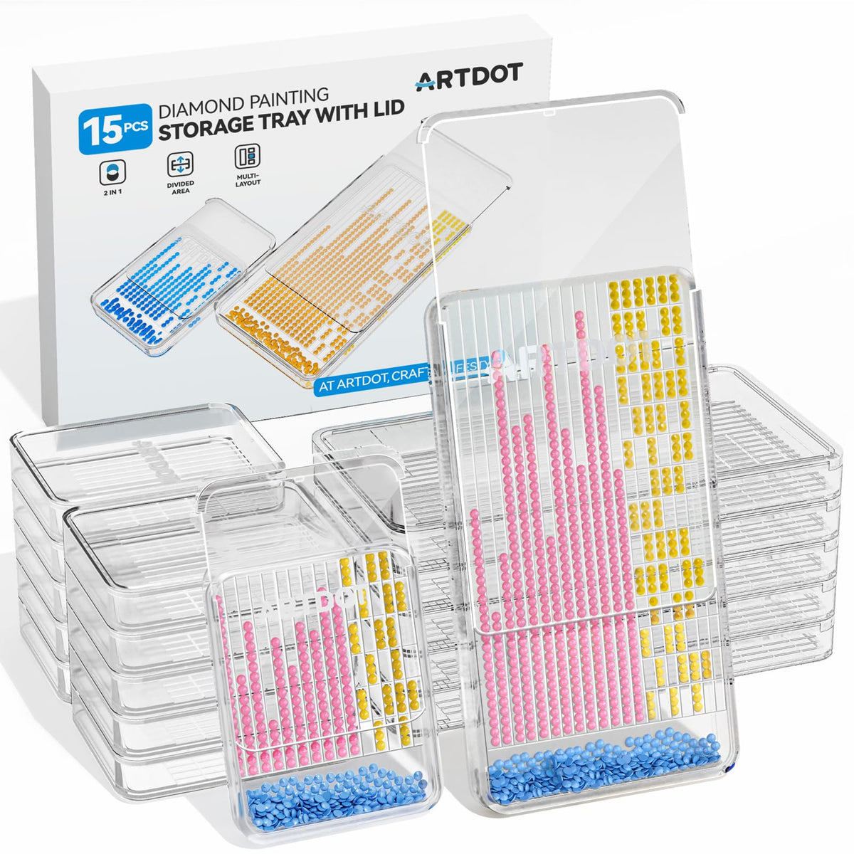 ARTDOT 2-in-1 Diamond Art Storage Trays Kits for Adults with Lids, Stackable Diamond Painting Accessories and Tools, 15-Piece