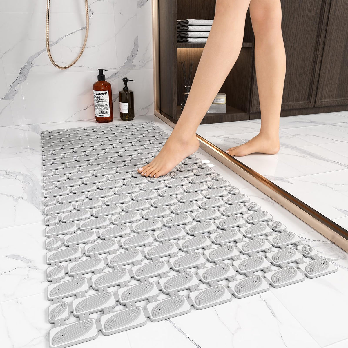 XIYUNTE Large Shower Mat Non Slip Anti Mould for Elderly- 90 x 40cm Non Slip Shower Mat for Inside Shower, Non Slip Bath Mat with Suction Cups & Drain