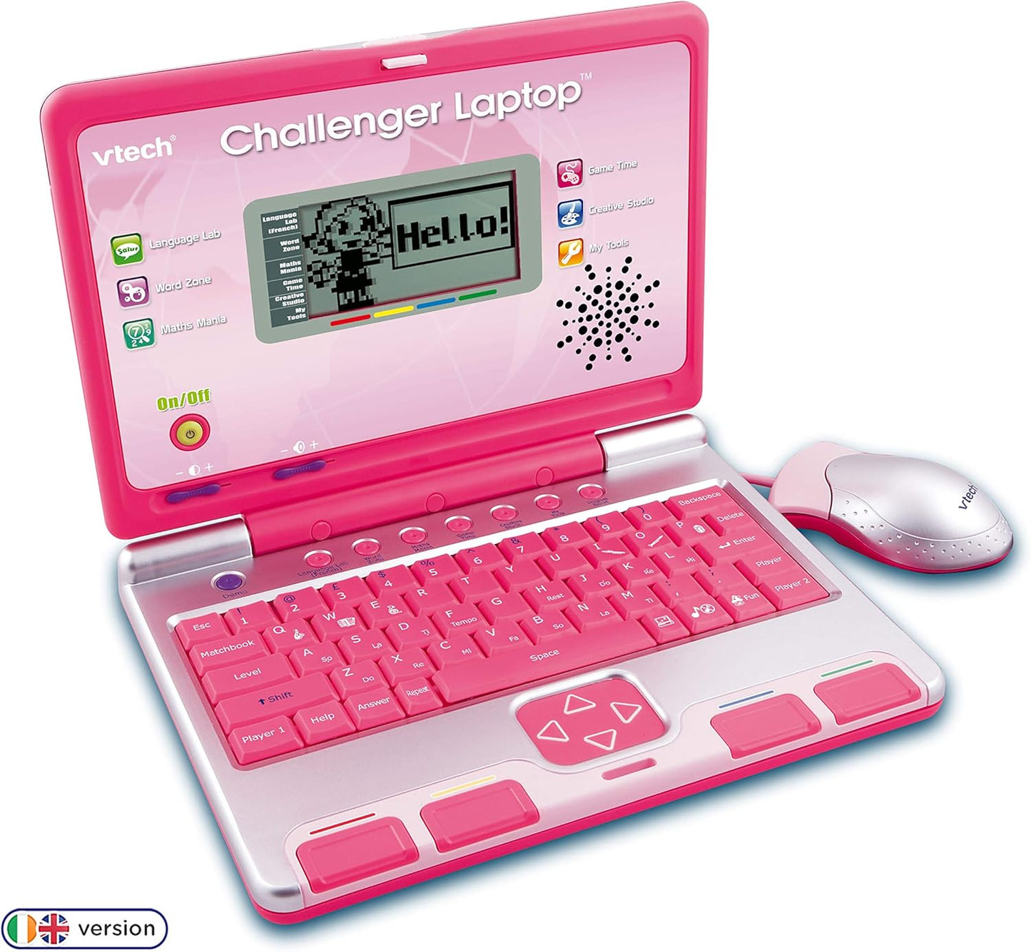 VTech Challenger laptop, Pink, English + French, Used very good, small marks on top, scruffy box