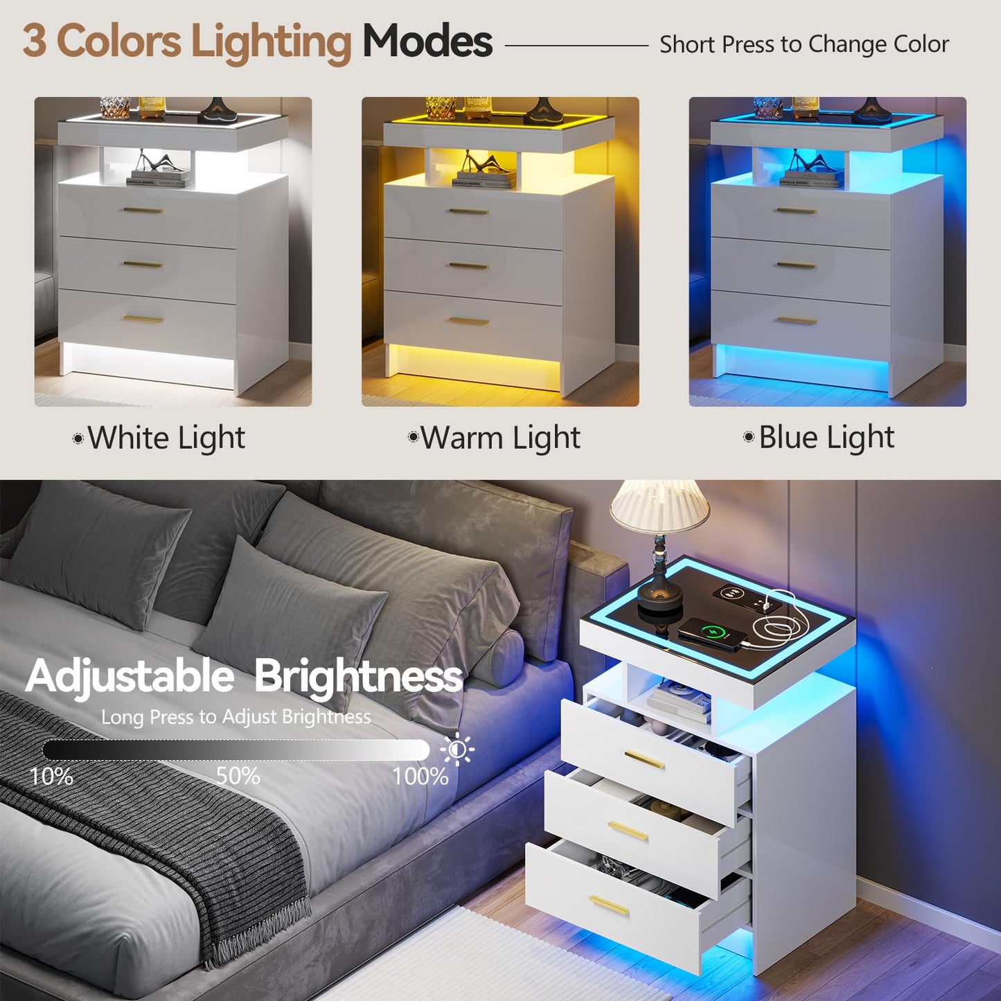 Gurexl LED Bedside Table with Glass Top and 3 IN 1 Charging Station,White