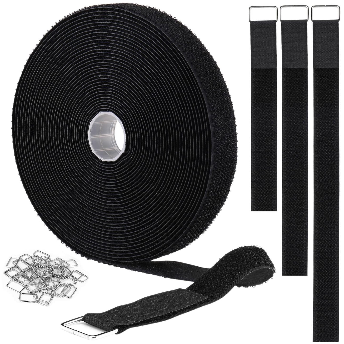 YMCRLUX 2.5cm x10mHook and Loop Straps with 50 Metal Buckles,Cut-to-Length Reusable Cable Ties,Adjustable Fastening Cable Straps,Nylon Securing Cinch
