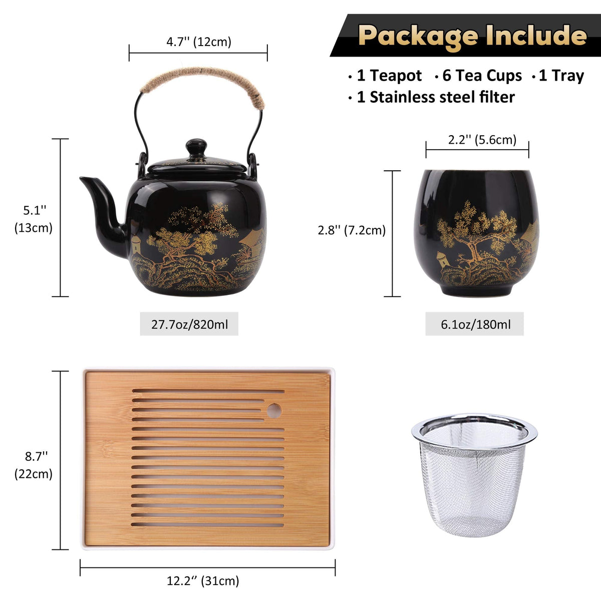 Dujust Japanese Tea Set, Black Porcelain Tea Set with 1 Teapot Set, 6 Tea Cups, 1 Tea Tray, 1 Stainless Infuser, Beautiful Asian Tea Set for Tea