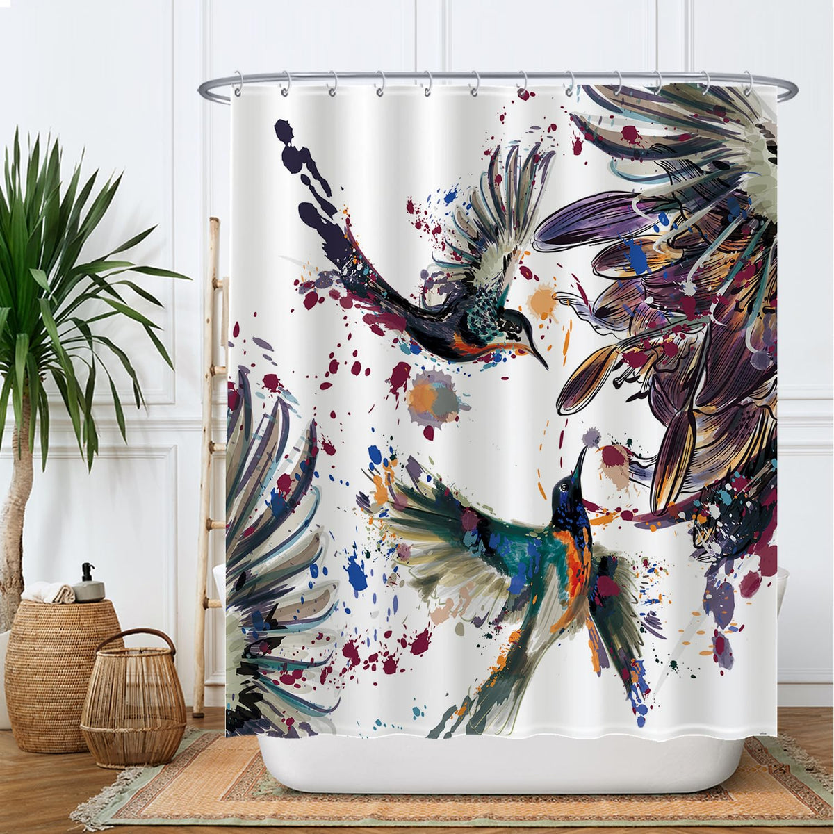 Ulticool Shower Curtain - Birds Feather Art Animals - 180 x 200 cm - Washable - Anti Mould - with 12 Rings - White Blue Purple